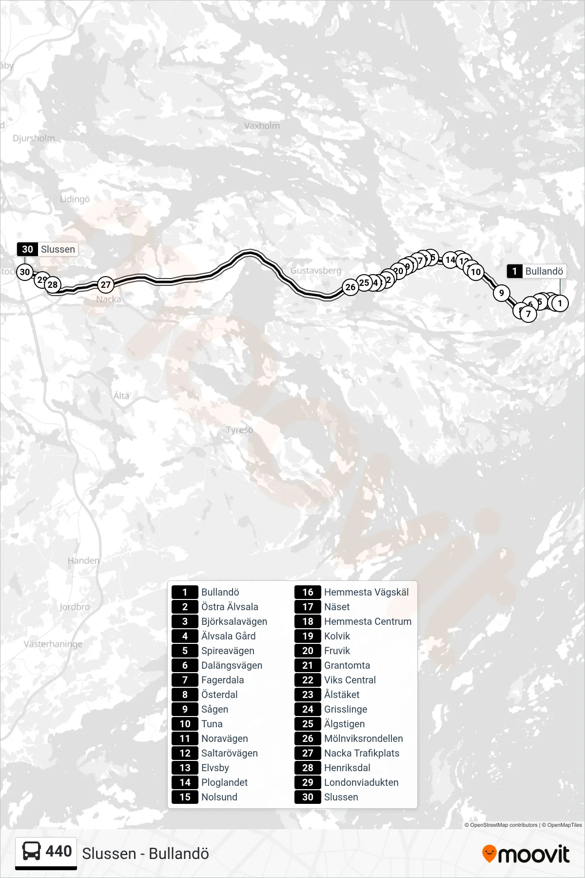 Rutt och hållplatser på karta för linje 440 buss, (Slussen)