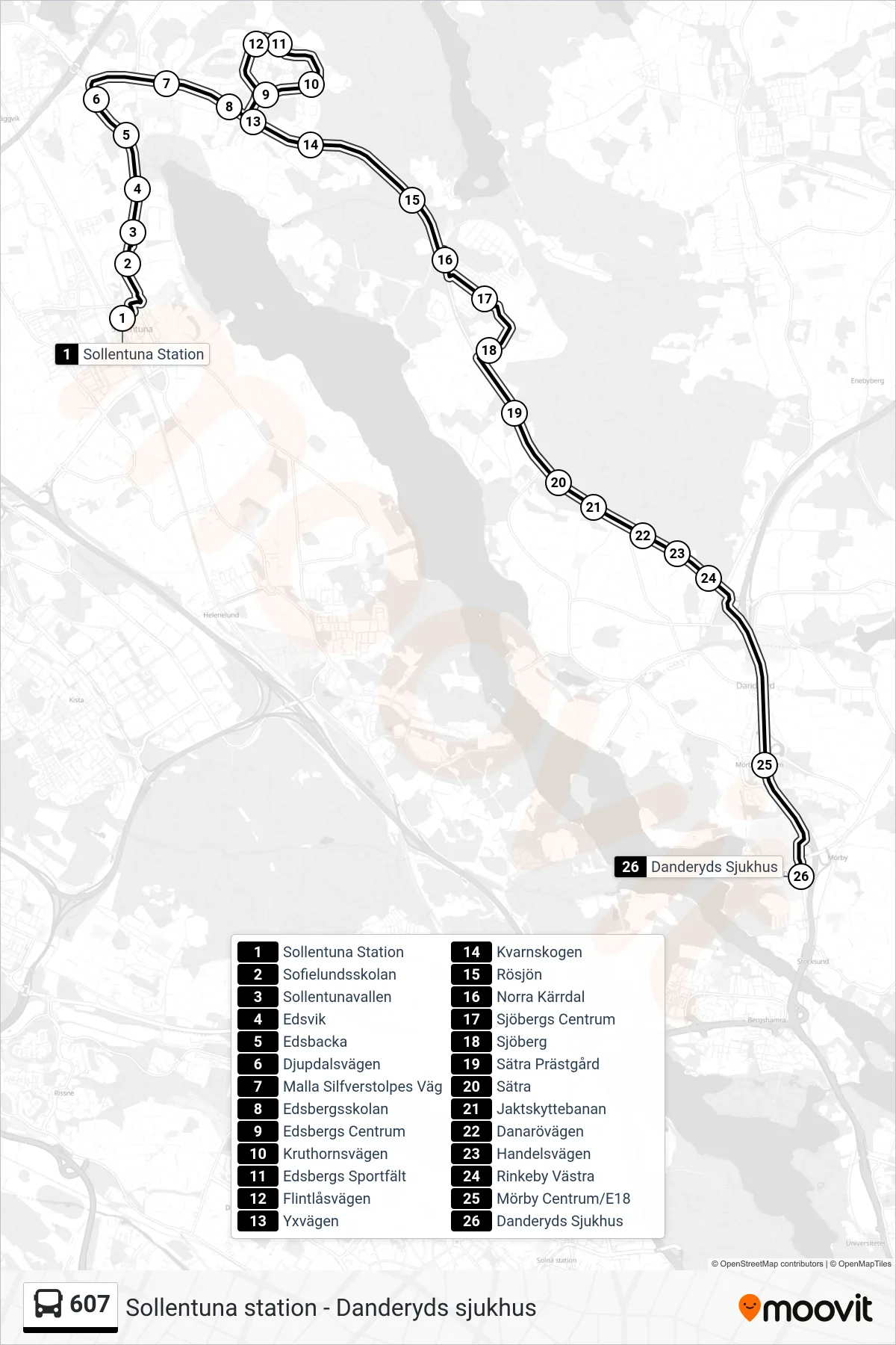 Rutt och hållplatser på karta för linje 607 buss, (Danderyds Sjukhus)