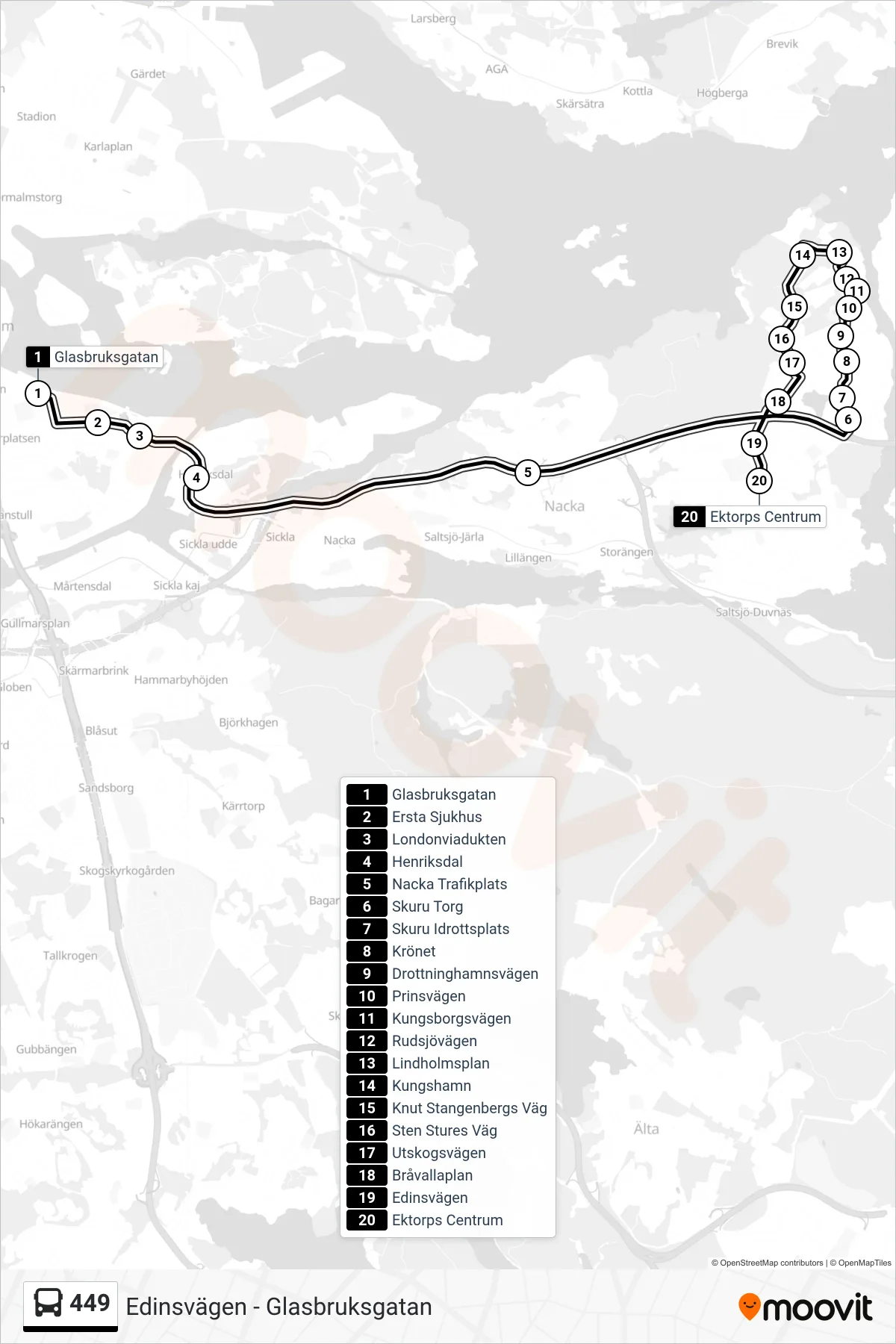 Rutt och hållplatser på karta för linje 449 buss, (Ektorps Centrum)