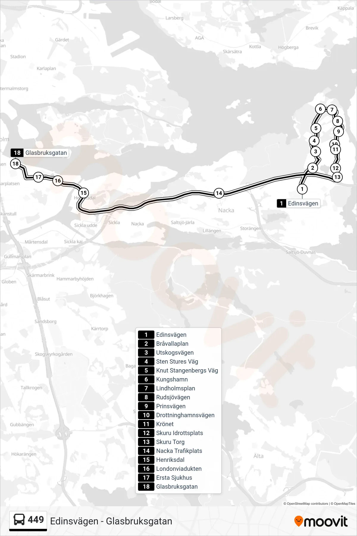 Rutt och hållplatser på karta för linje 449  buss, (Glasbruksgatan)