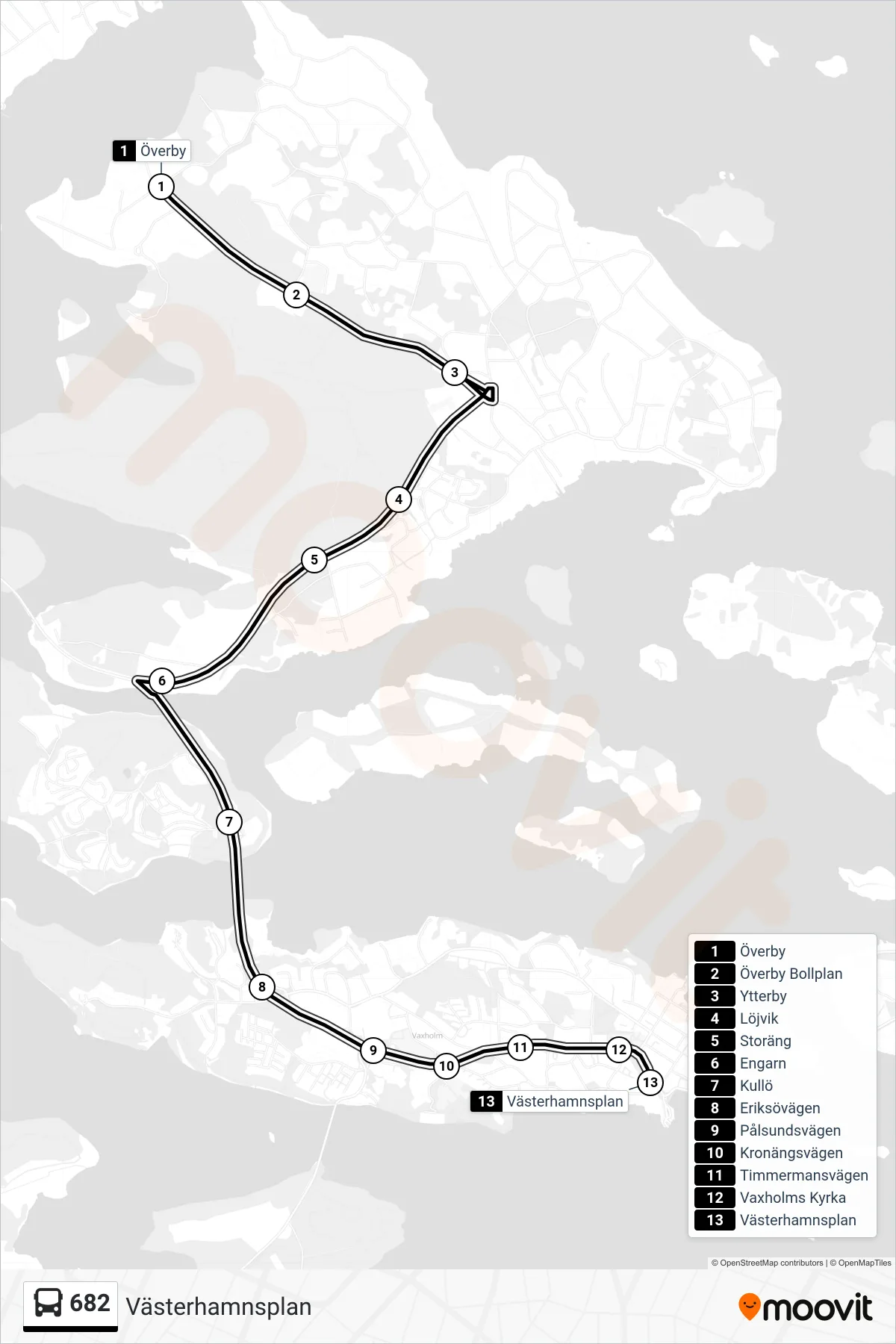 Rutt och hållplatser på karta för linje 682  buss, (Västerhamnsplan)