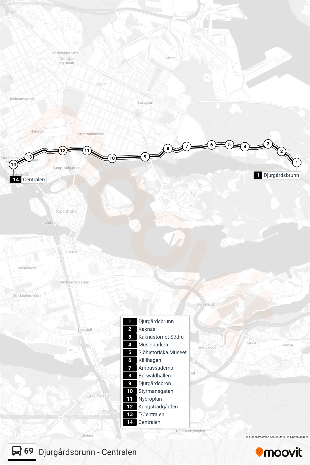 Rutt och hållplatser på karta för linje 69  buss, (Centralen)