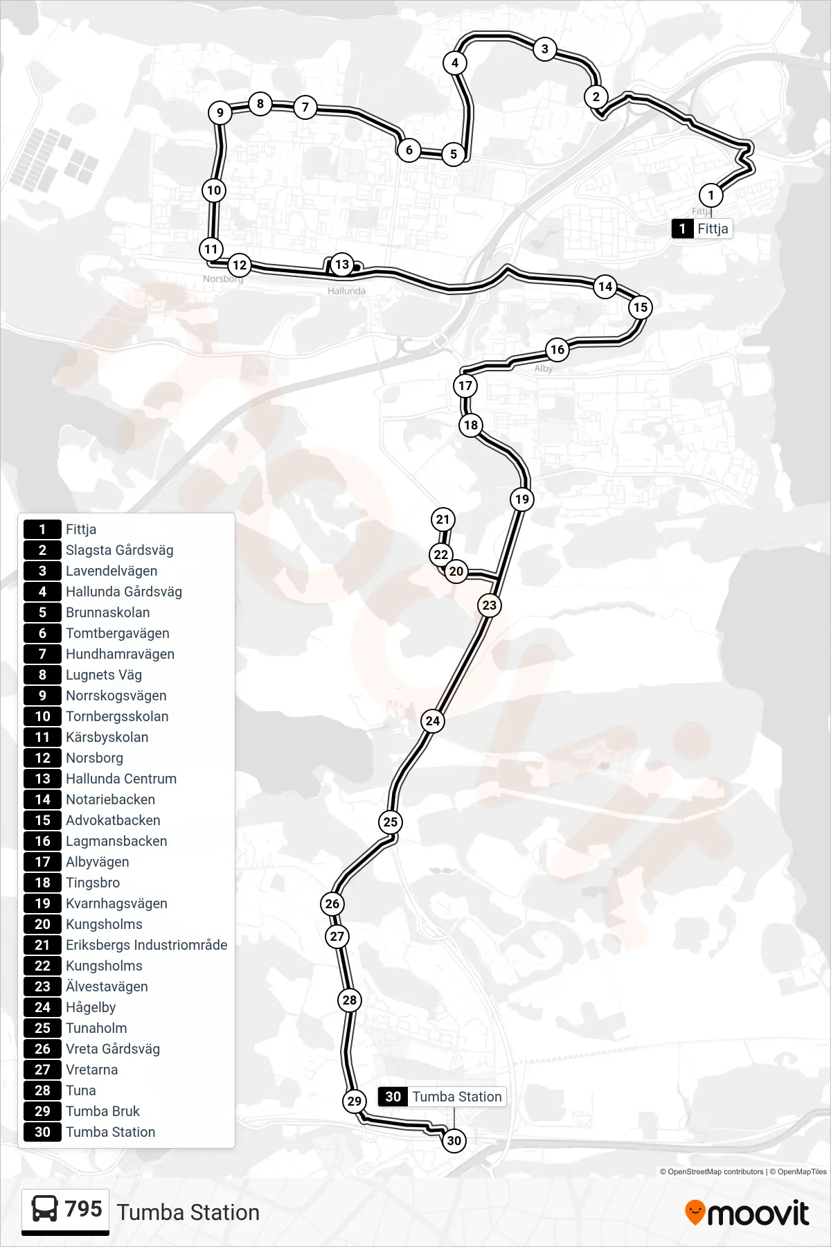 Rutt och hållplatser på karta för linje 795 buss, (Tumba Station)