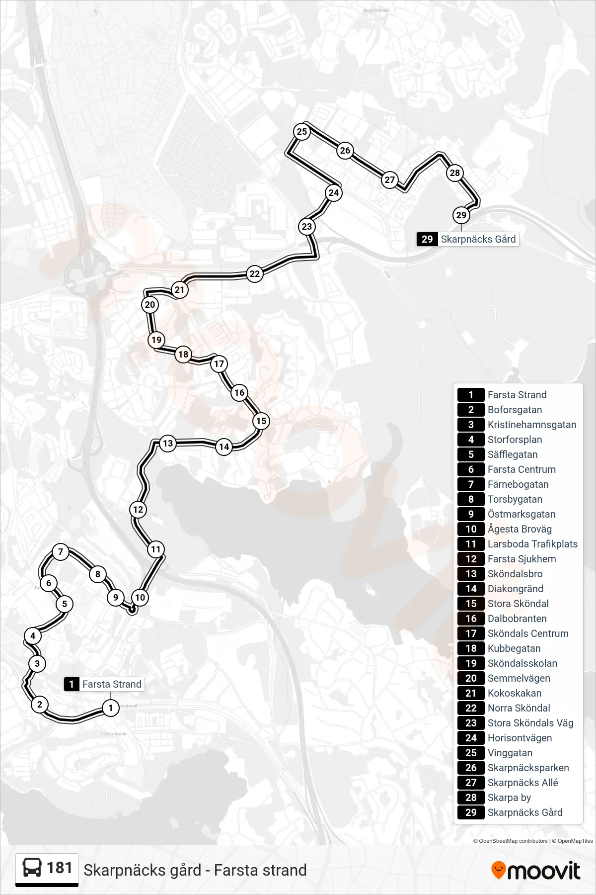 Rutt och hållplatser på karta för linje 181 buss, (Skarpnäcks Gård)