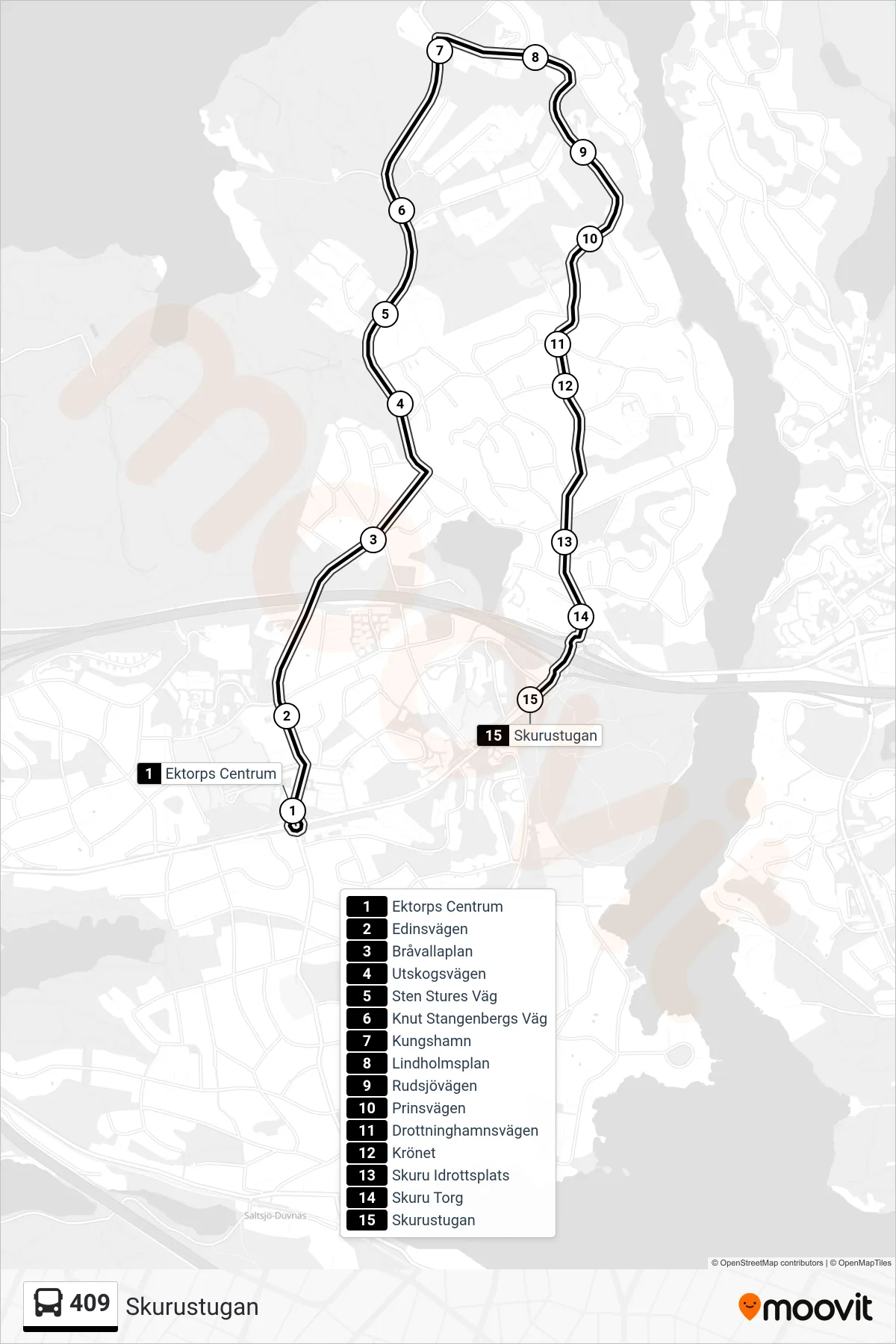 Rutt och hållplatser på karta för linje 409 buss, (Skurustugan)