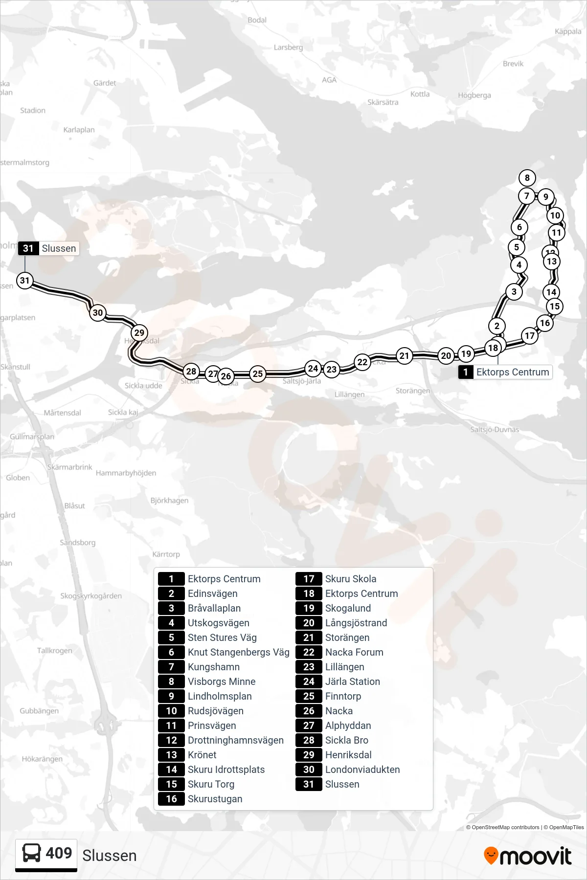 Rutt och hållplatser på karta för linje 409 buss, (Slussen)