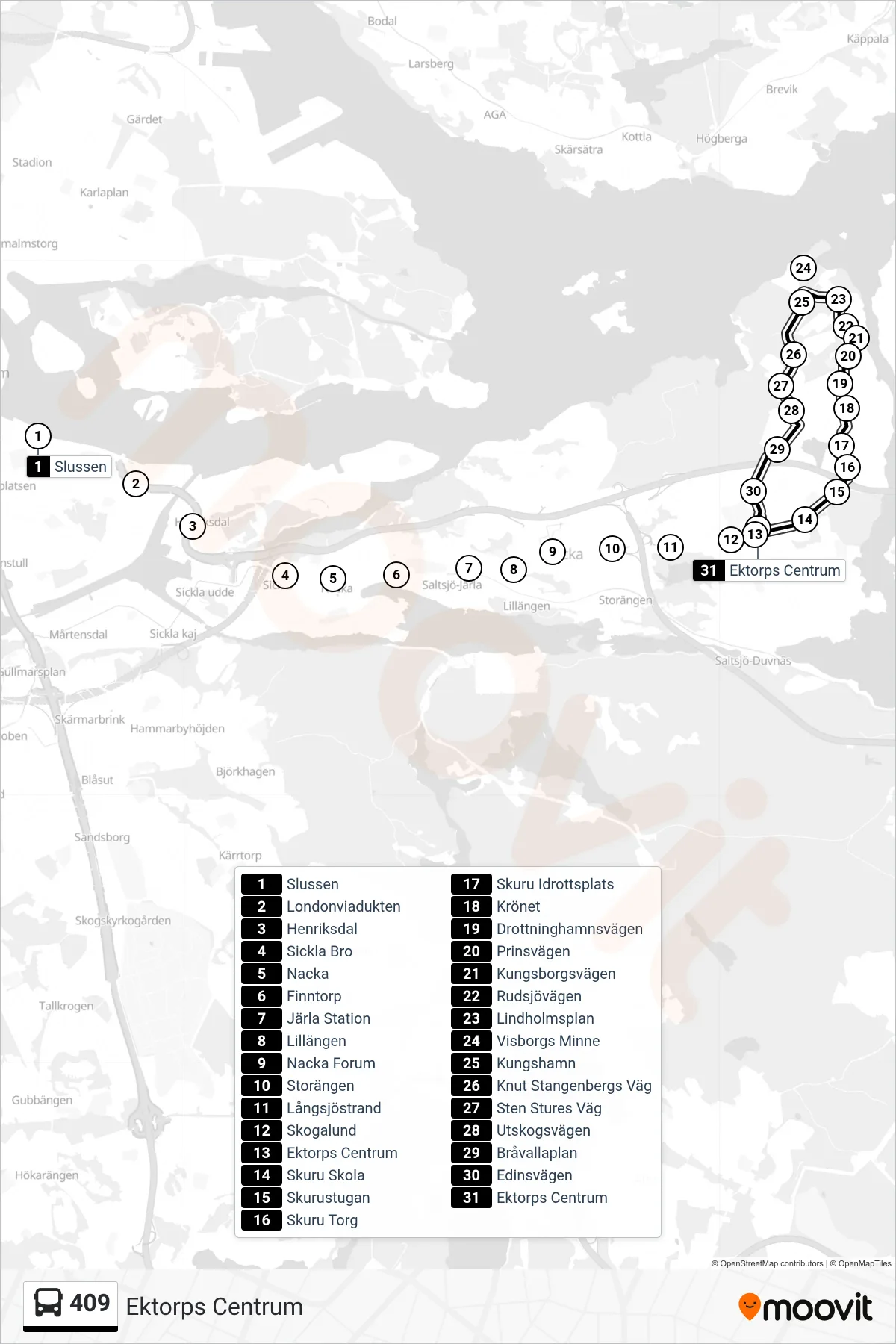 Rutt och hållplatser på karta för linje 409 buss, (Ektorps Centrum)