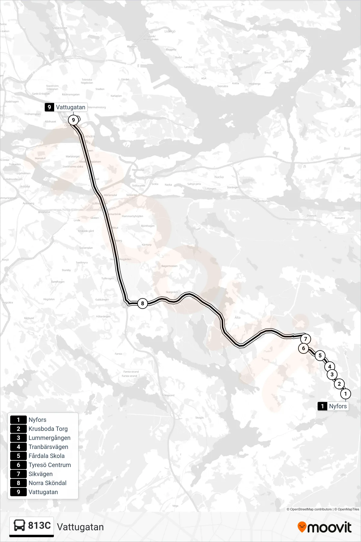 Rutt och hållplatser på karta för linje 813C  buss, (Vattugatan)