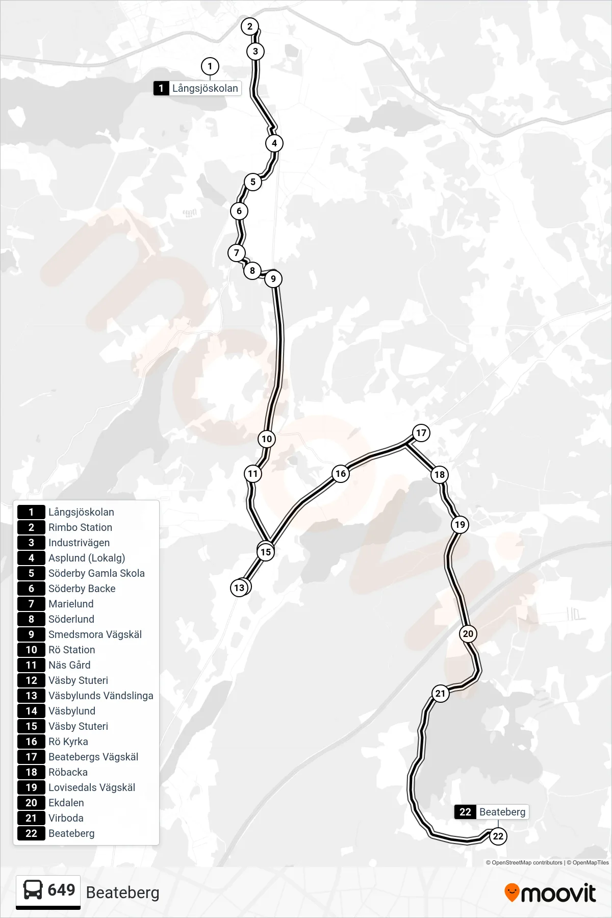 Rutt och hållplatser på karta för linje 649  buss, (Beateberg)