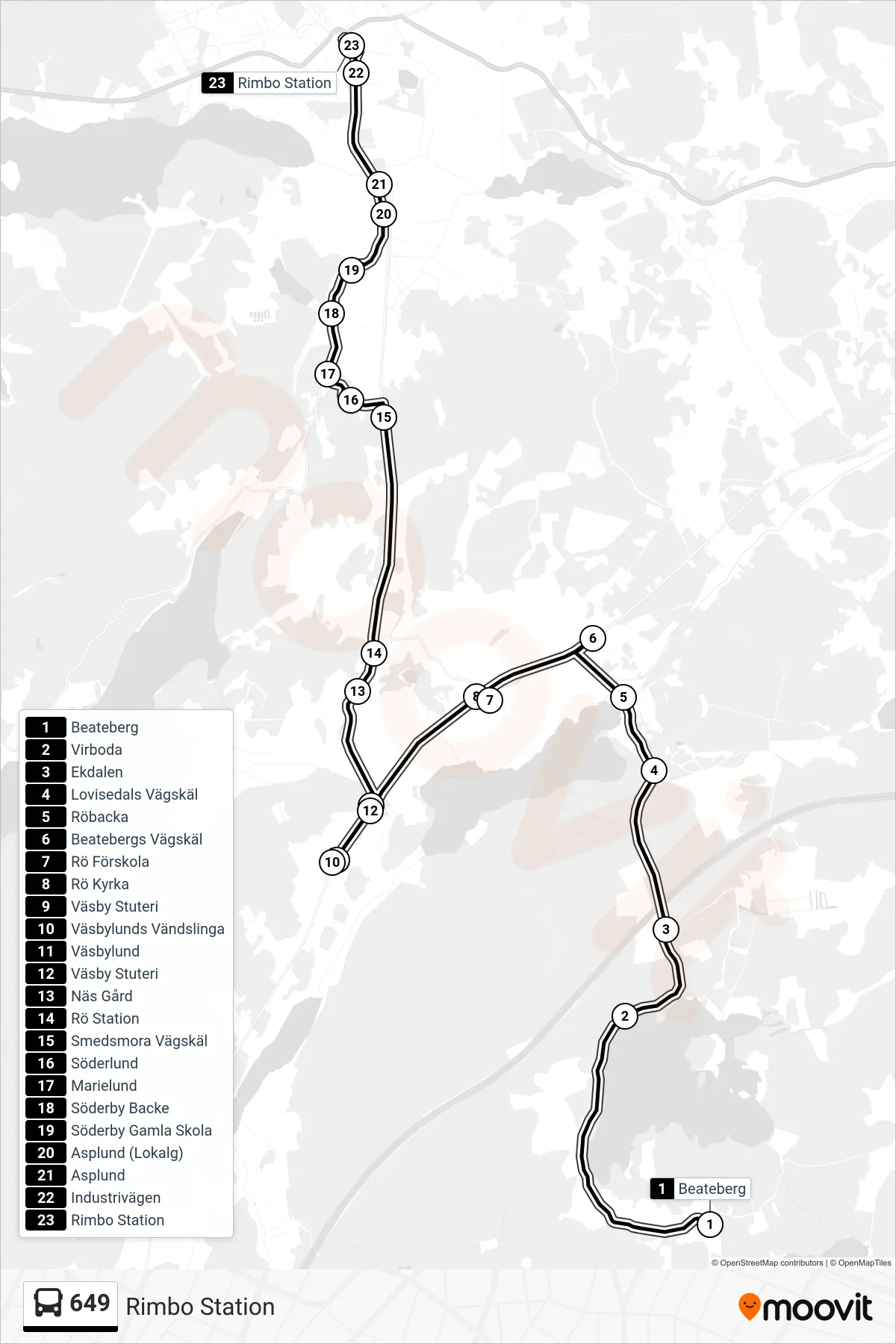 Rutt och hållplatser på karta för linje 649 buss, (Rimbo Station)