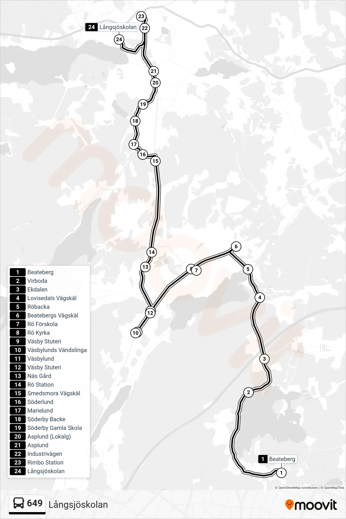Rutt och hållplatser på karta för linje 649 buss, (Långsjöskolan)