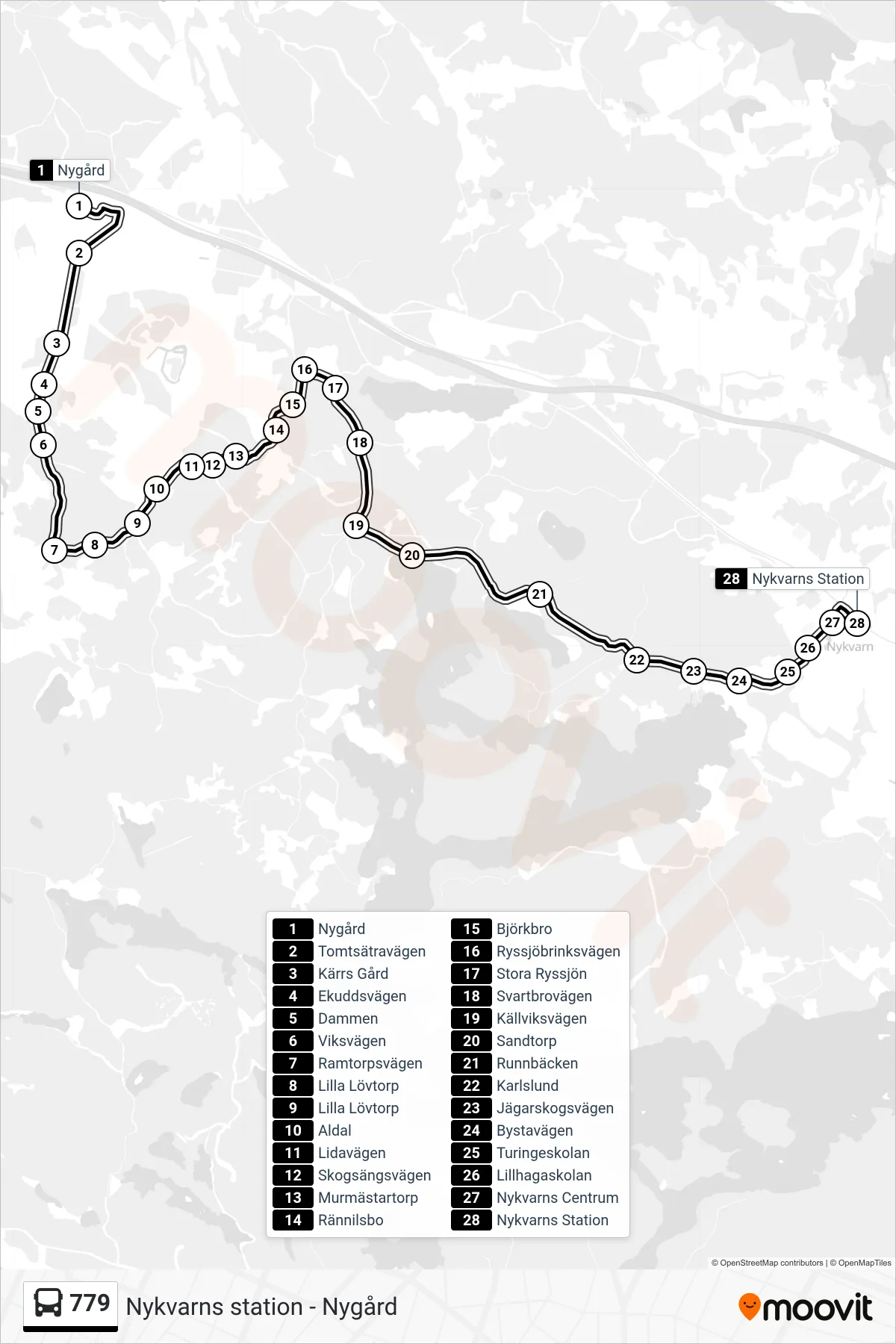 Rutt och hållplatser på karta för linje 779  buss, (Nykvarns Station)