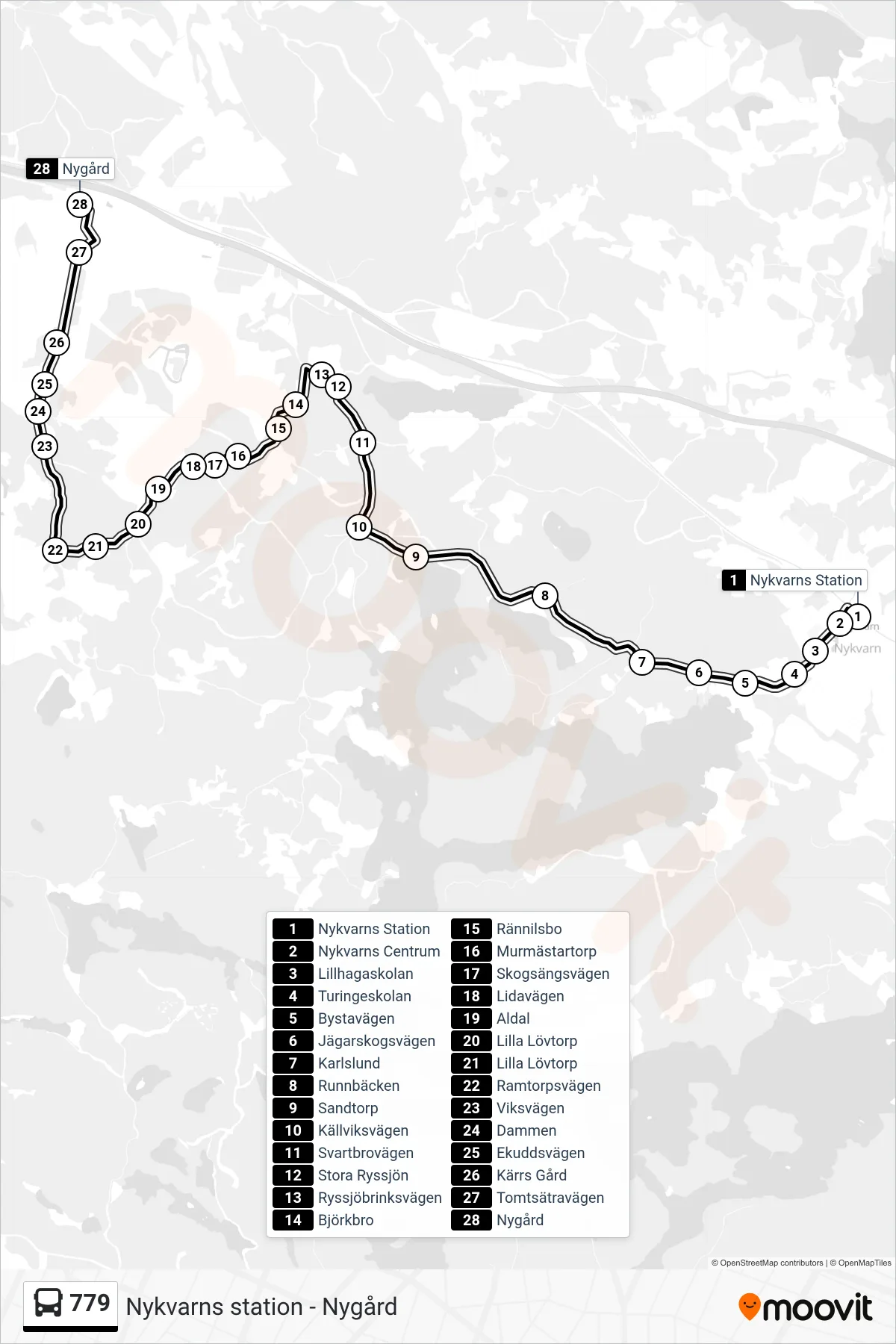 Rutt och hållplatser på karta för linje 779 buss, (Nygård)