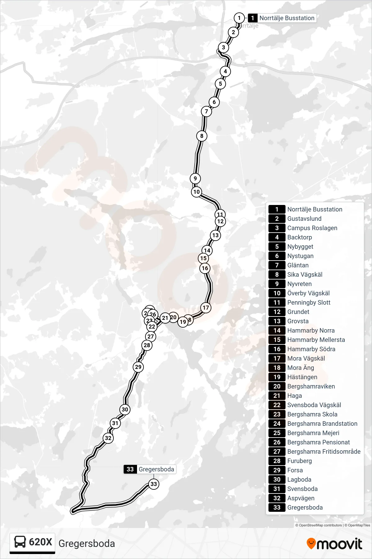 Rutt och hållplatser på karta för linje 620X  buss, (Gregersboda)