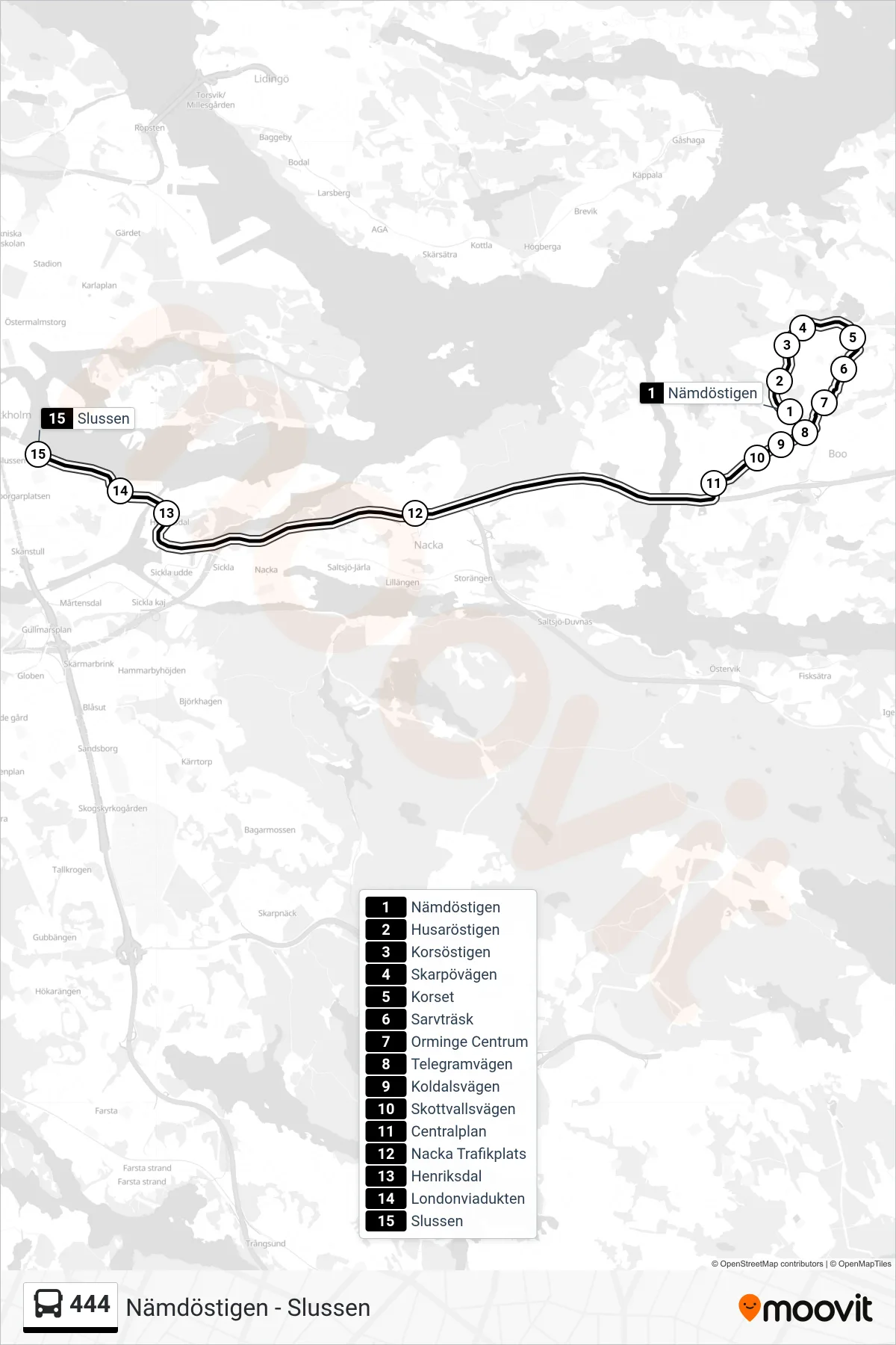 Rutt och hållplatser på karta för linje 444 buss, (Slussen)