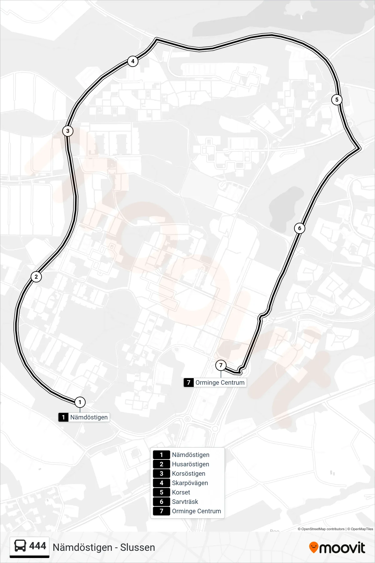 Rutt och hållplatser på karta för linje 444  buss, (Orminge Centrum)