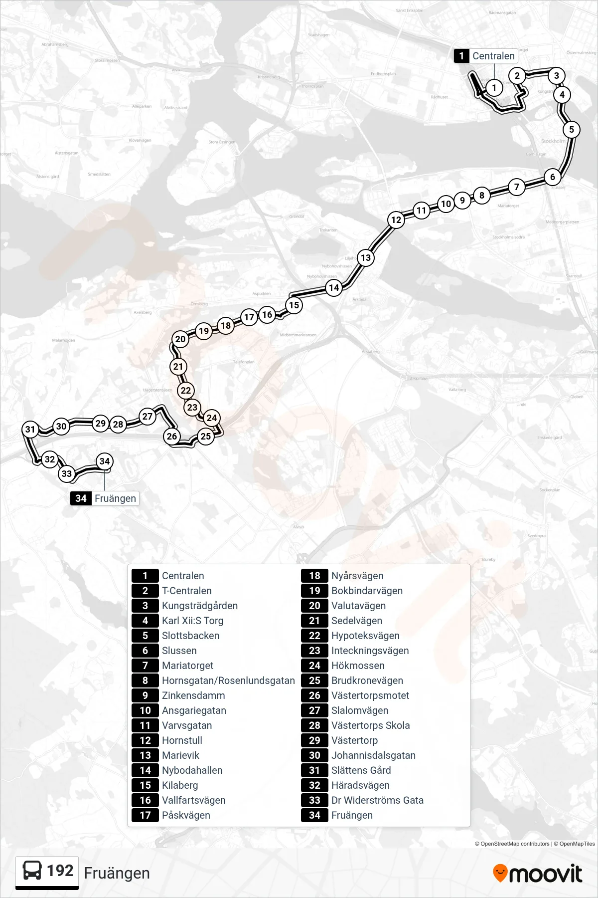 Rutt och hållplatser på karta för linje 192  buss, (Fruängen)