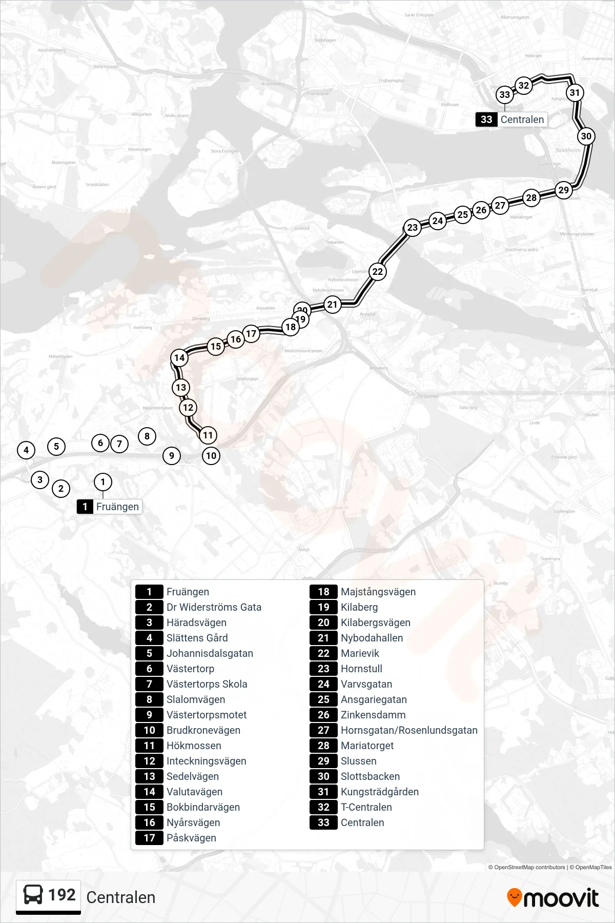 Rutt och hållplatser på karta för linje 192 buss, (Centralen)