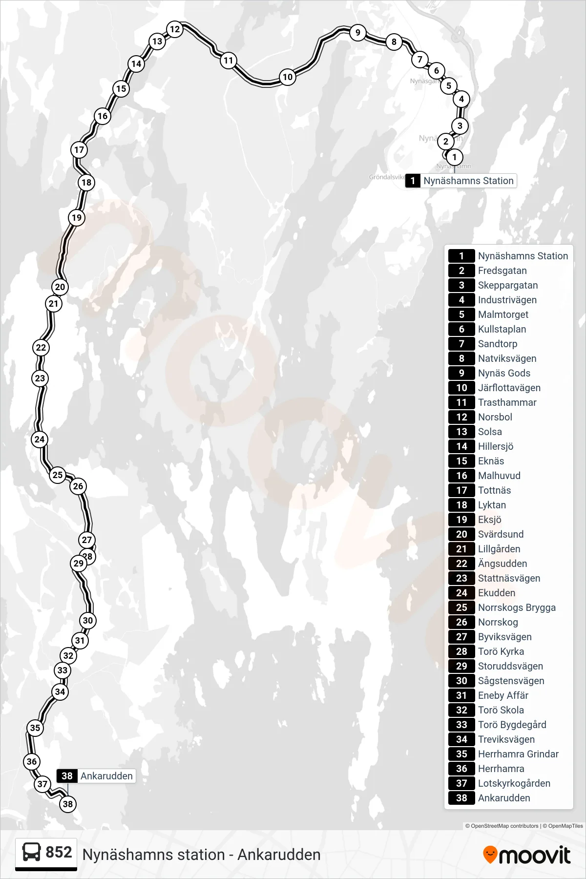 Rutt och hållplatser på karta för linje 852  buss, (Ankarudden)