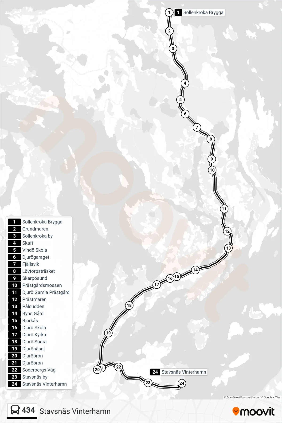 Rutt och hållplatser på karta för linje 434 buss, (Stavsnäs Vinterhamn)