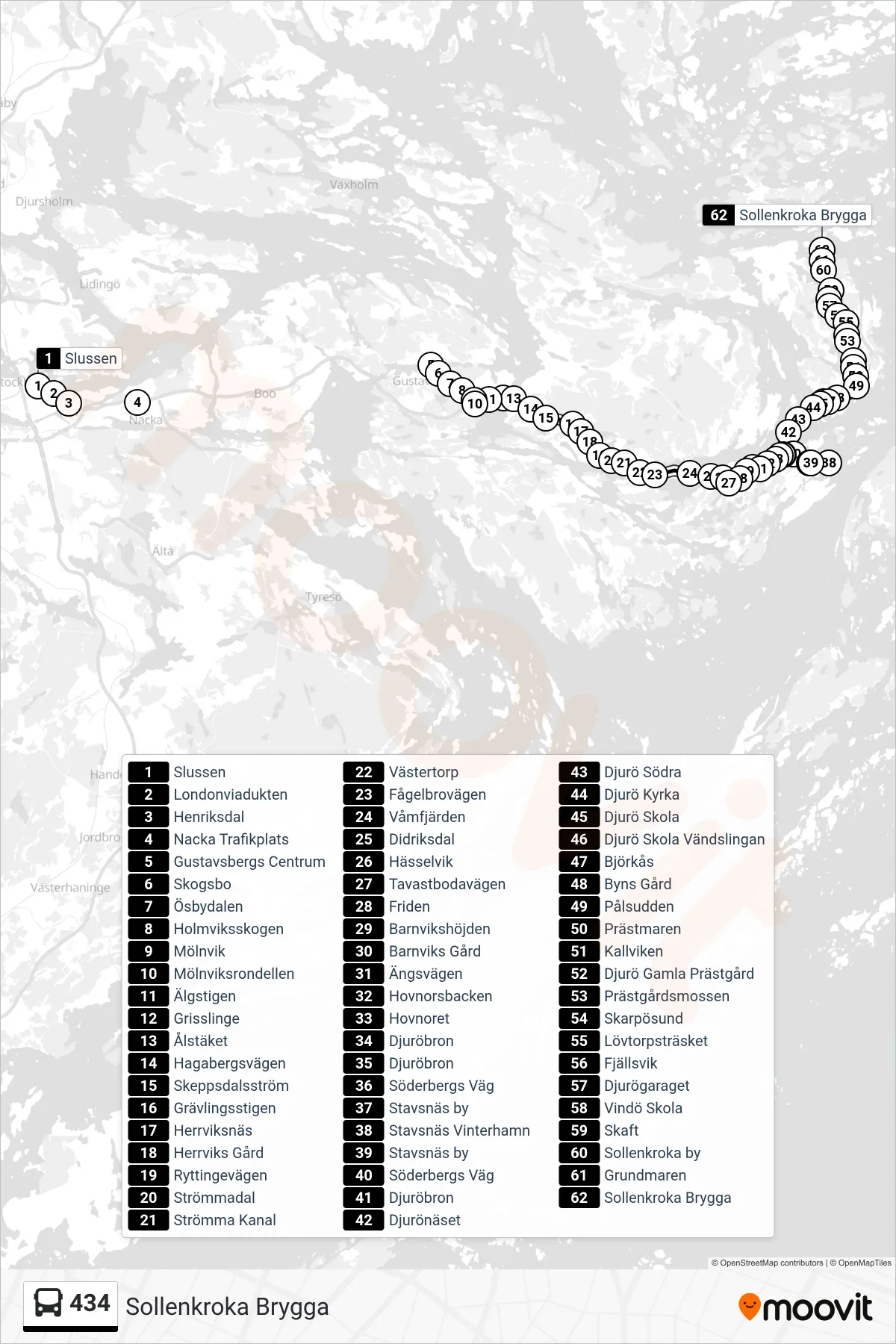 Rutt och hållplatser på karta för linje 434 buss, (Sollenkroka Brygga)