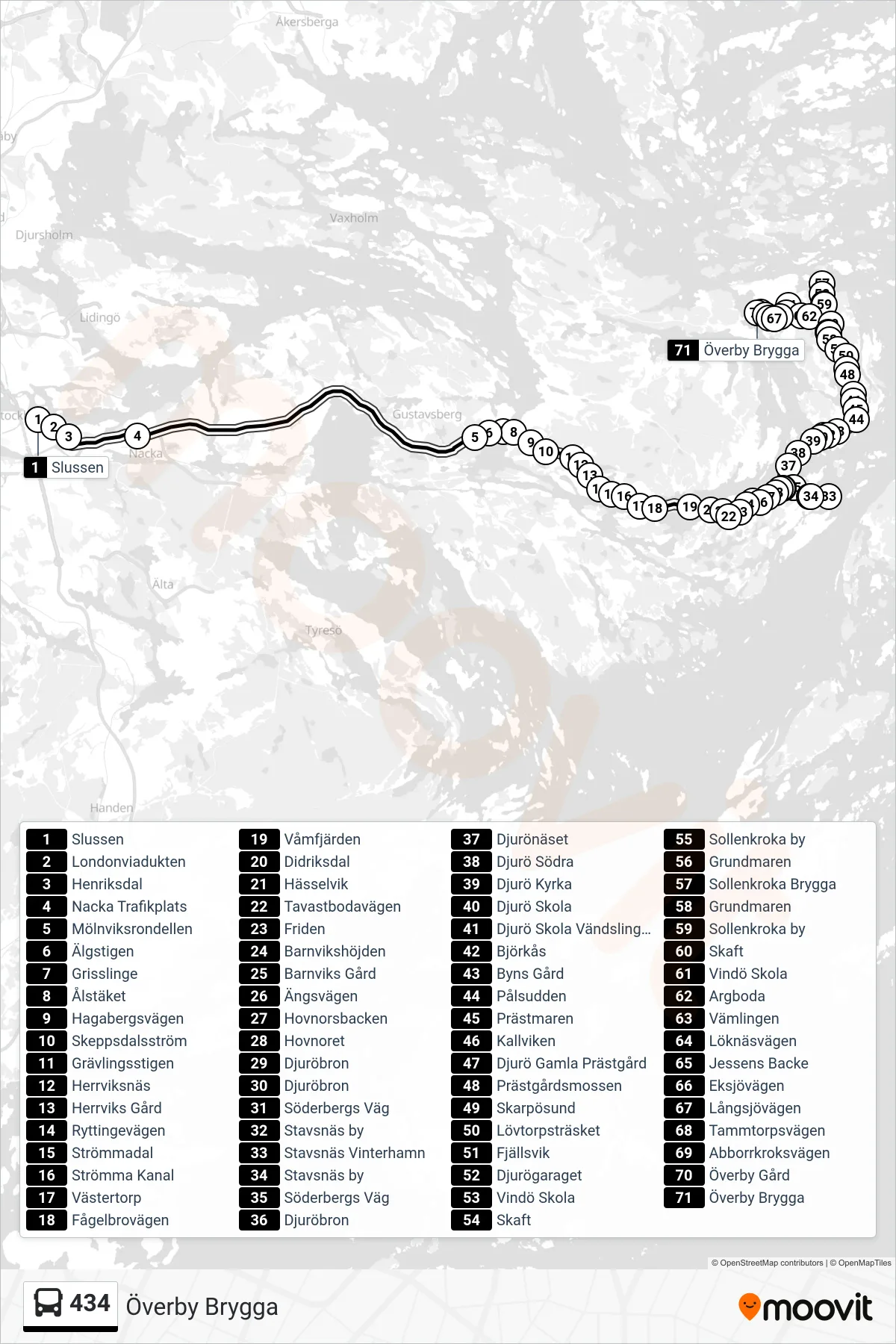 Rutt och hållplatser på karta för linje 434  buss, (Överby Brygga)