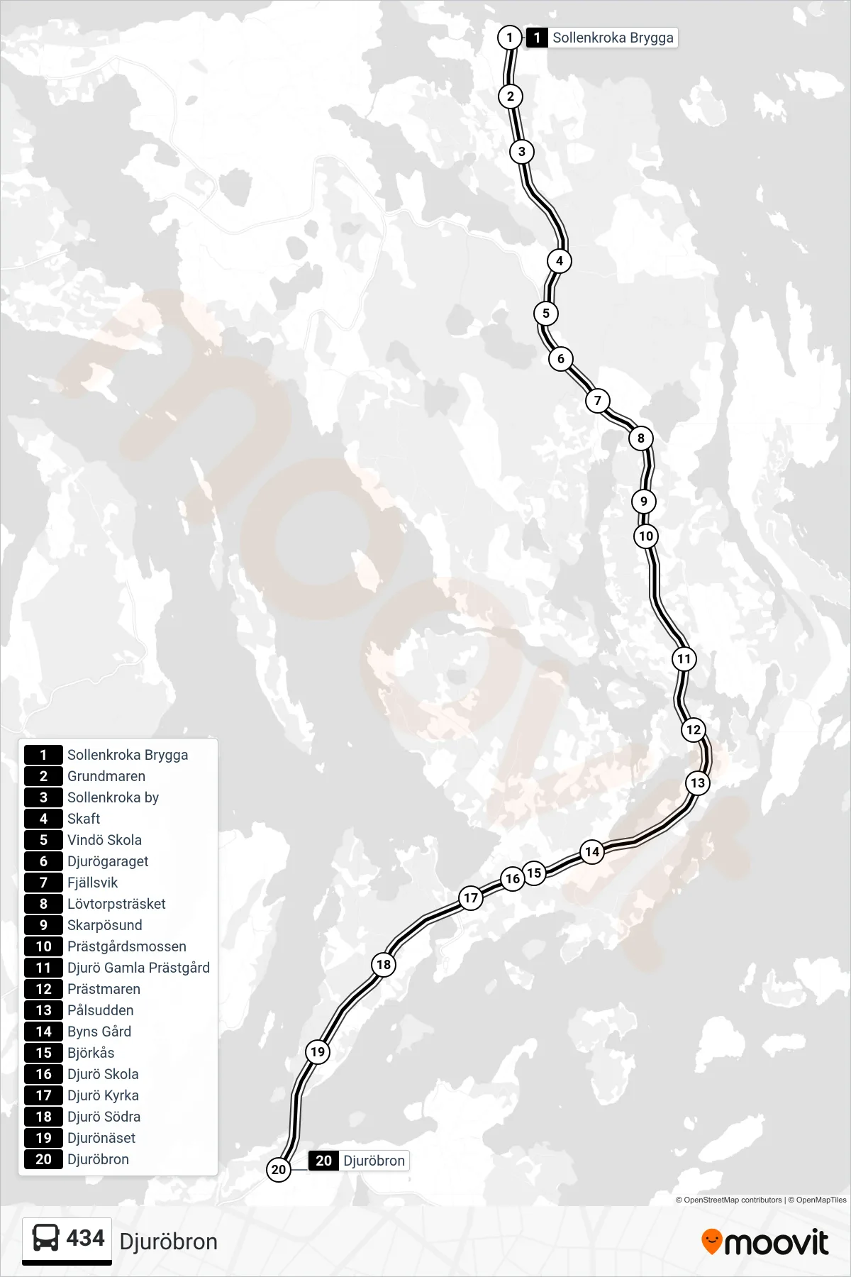 Rutt och hållplatser på karta för linje 434 buss, (Djuröbron)
