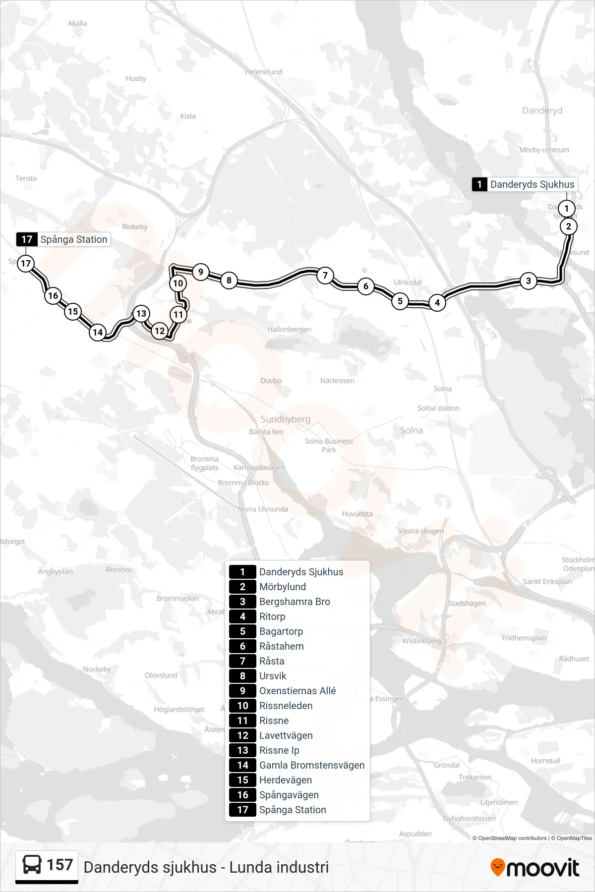 Rutt och hållplatser på karta för linje 157  buss, (Spånga Station)