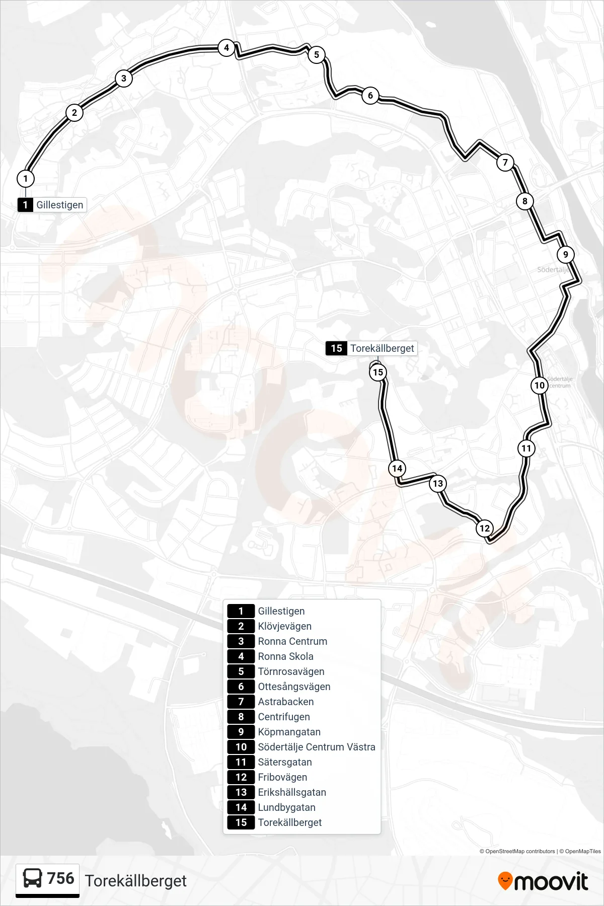 Rutt och hållplatser på karta för linje 756 buss, (Torekällberget)