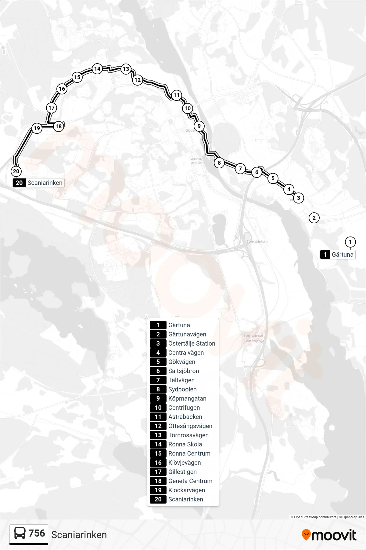 Rutt och hållplatser på karta för linje 756  buss, (Scaniarinken)