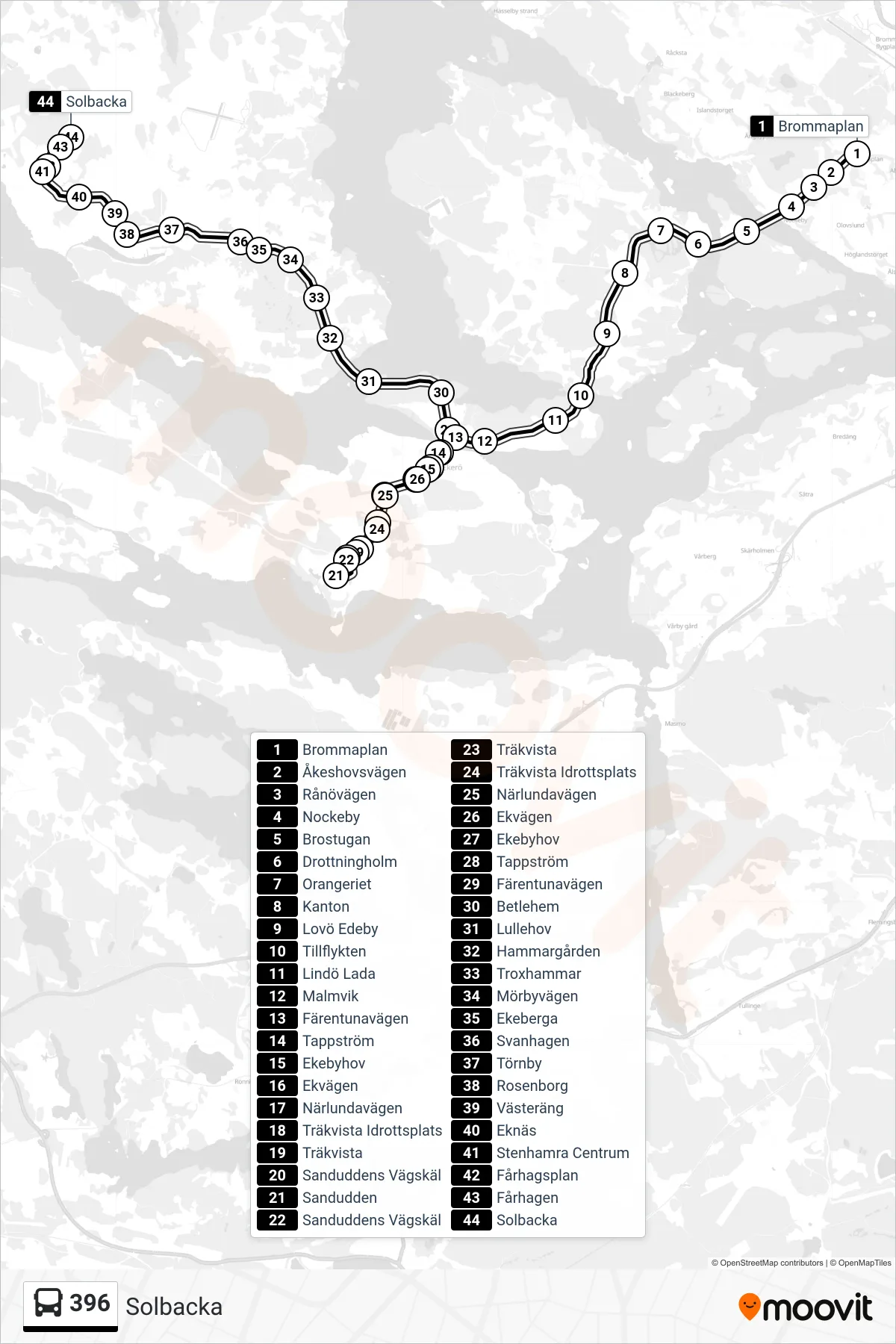 Rutt och hållplatser på karta för linje 396  buss, (Solbacka)
