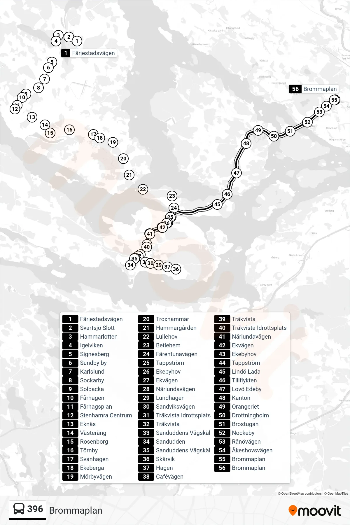 Rutt och hållplatser på karta för linje 396 buss, (Brommaplan)