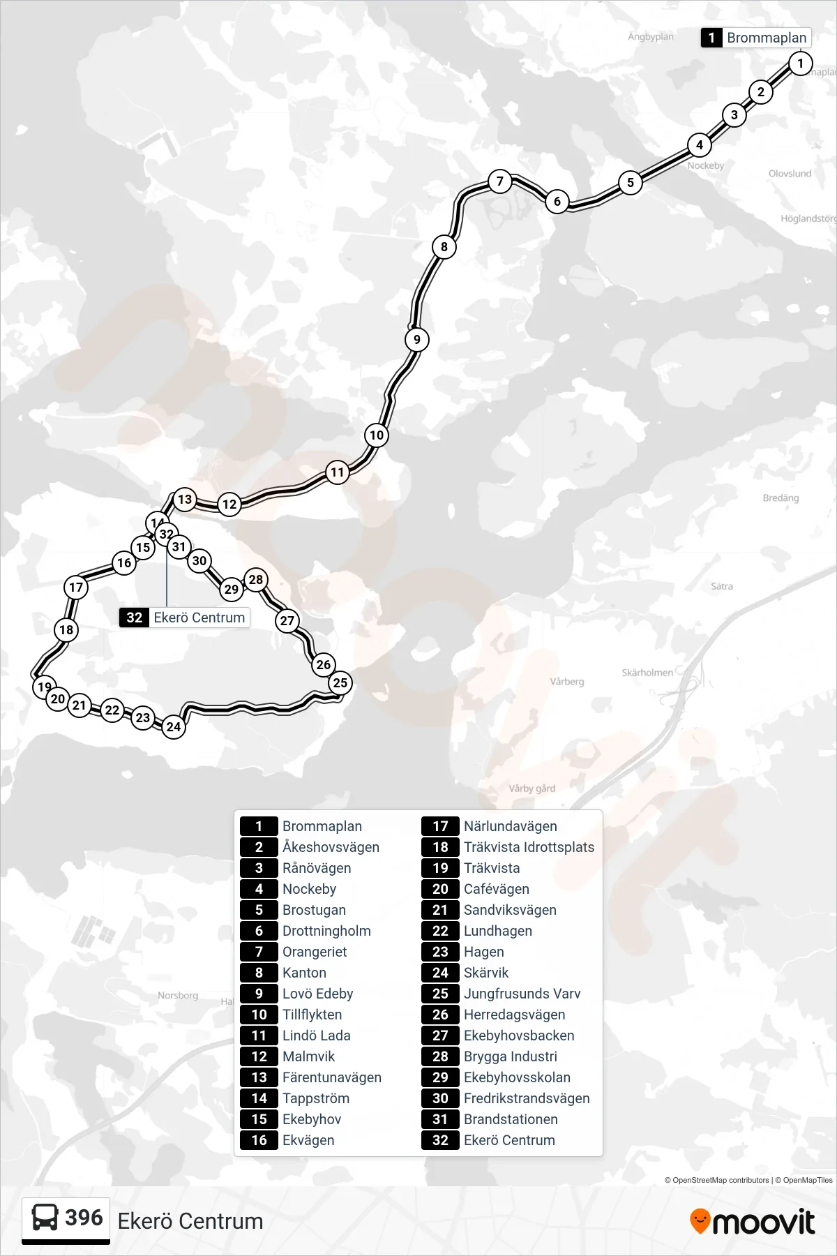 Rutt och hållplatser på karta för linje 396  buss, (Ekerö Centrum)