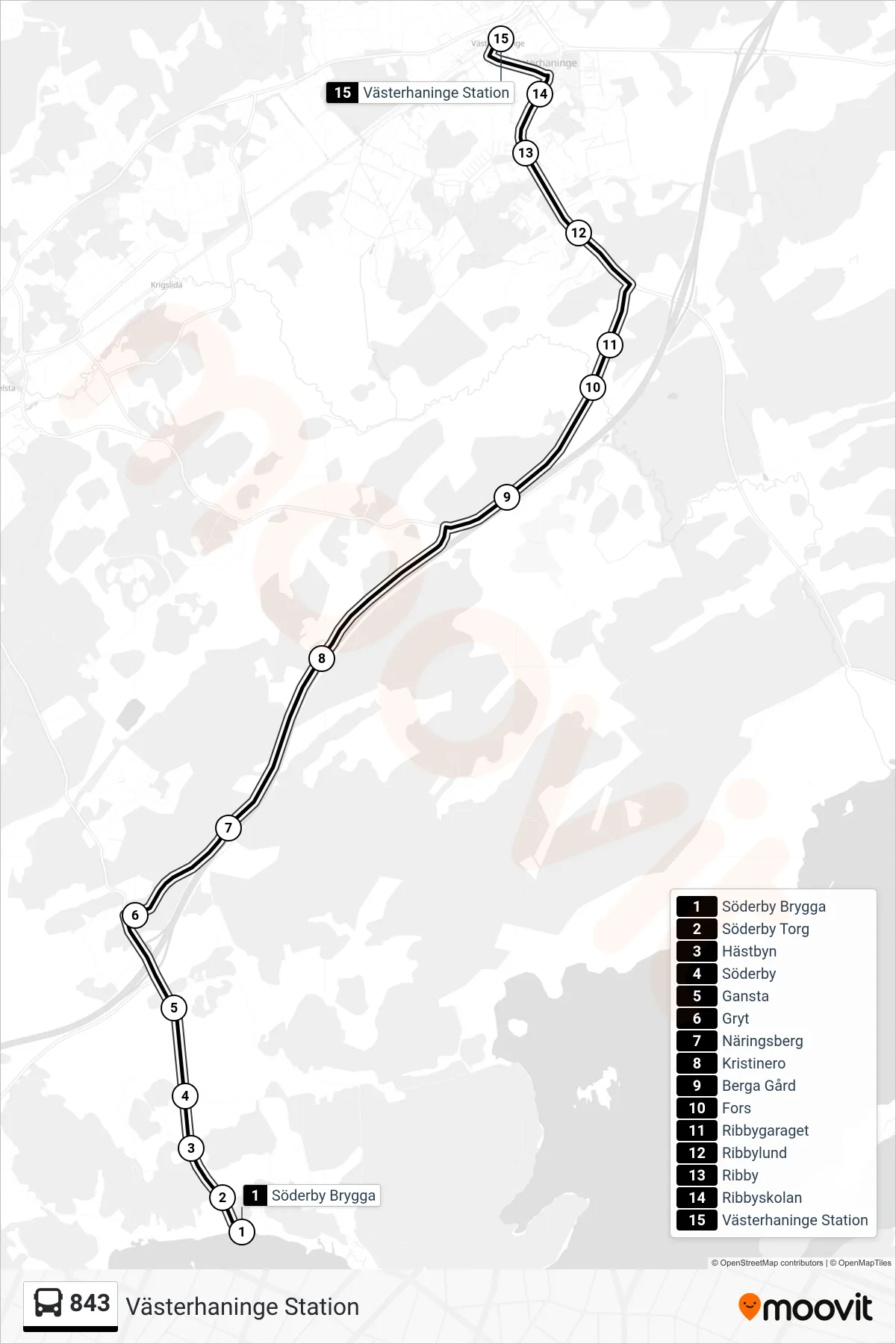 Rutt och hållplatser på karta för linje 843  buss, (Västerhaninge Station)