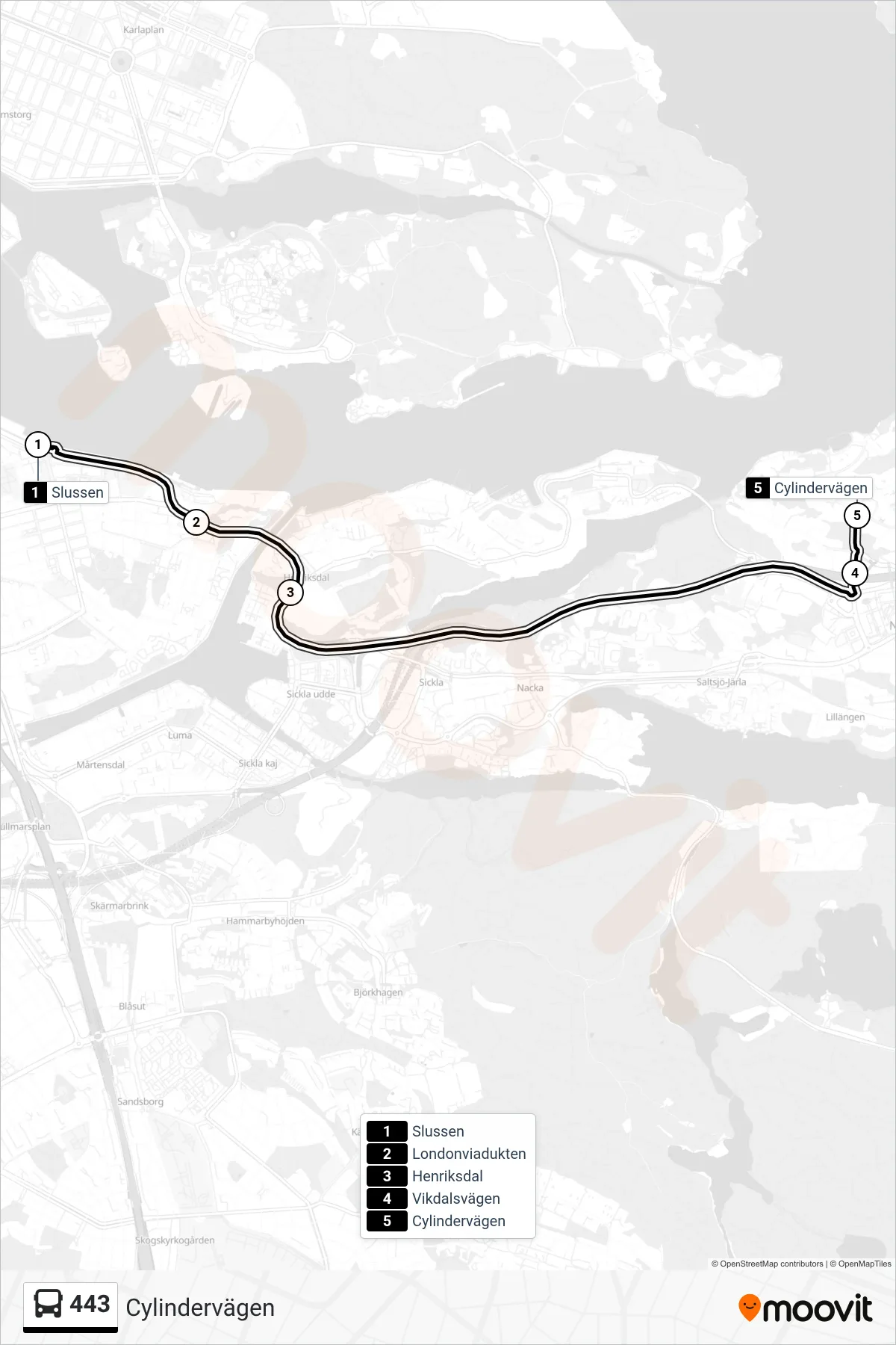Rutt och hållplatser på karta för linje 443  buss, (Cylindervägen)
