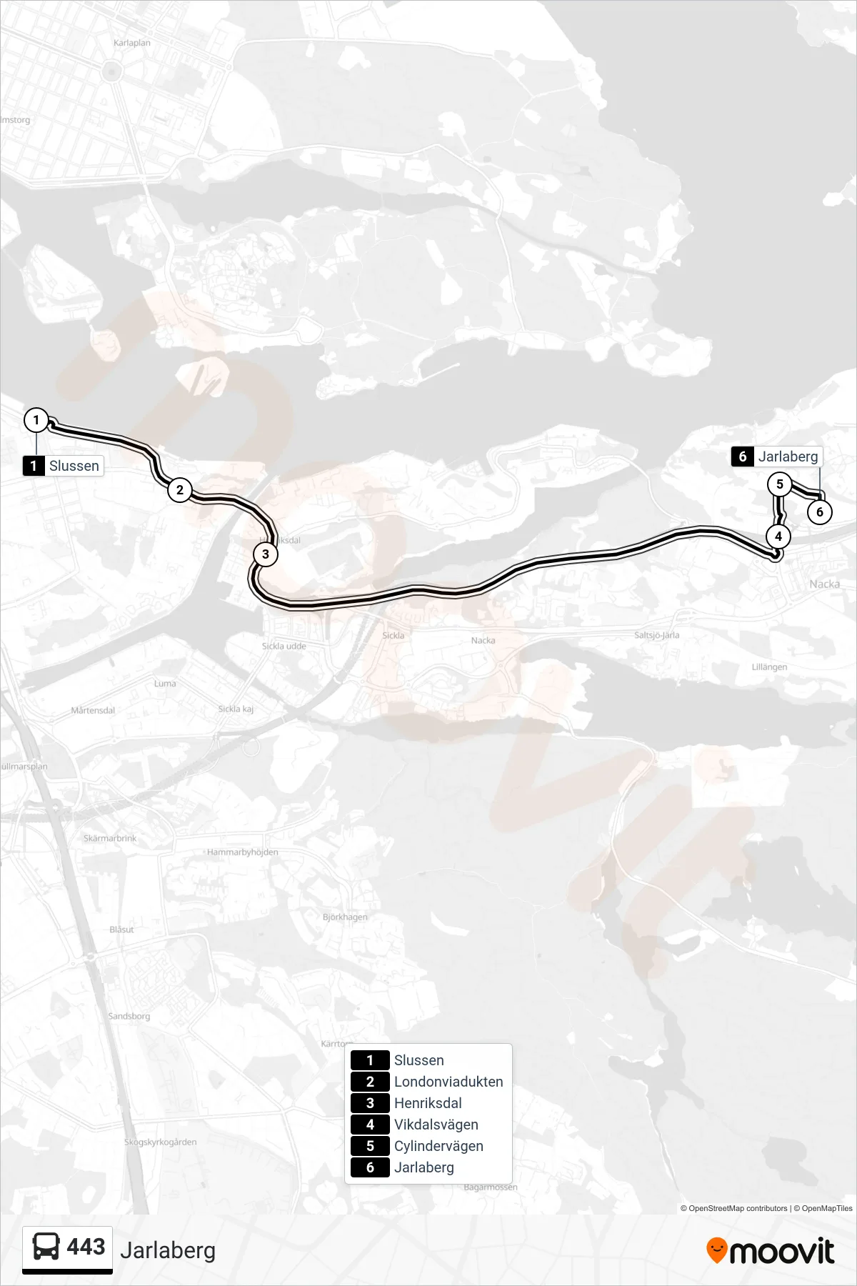Rutt och hållplatser på karta för linje 443 buss, (Jarlaberg)