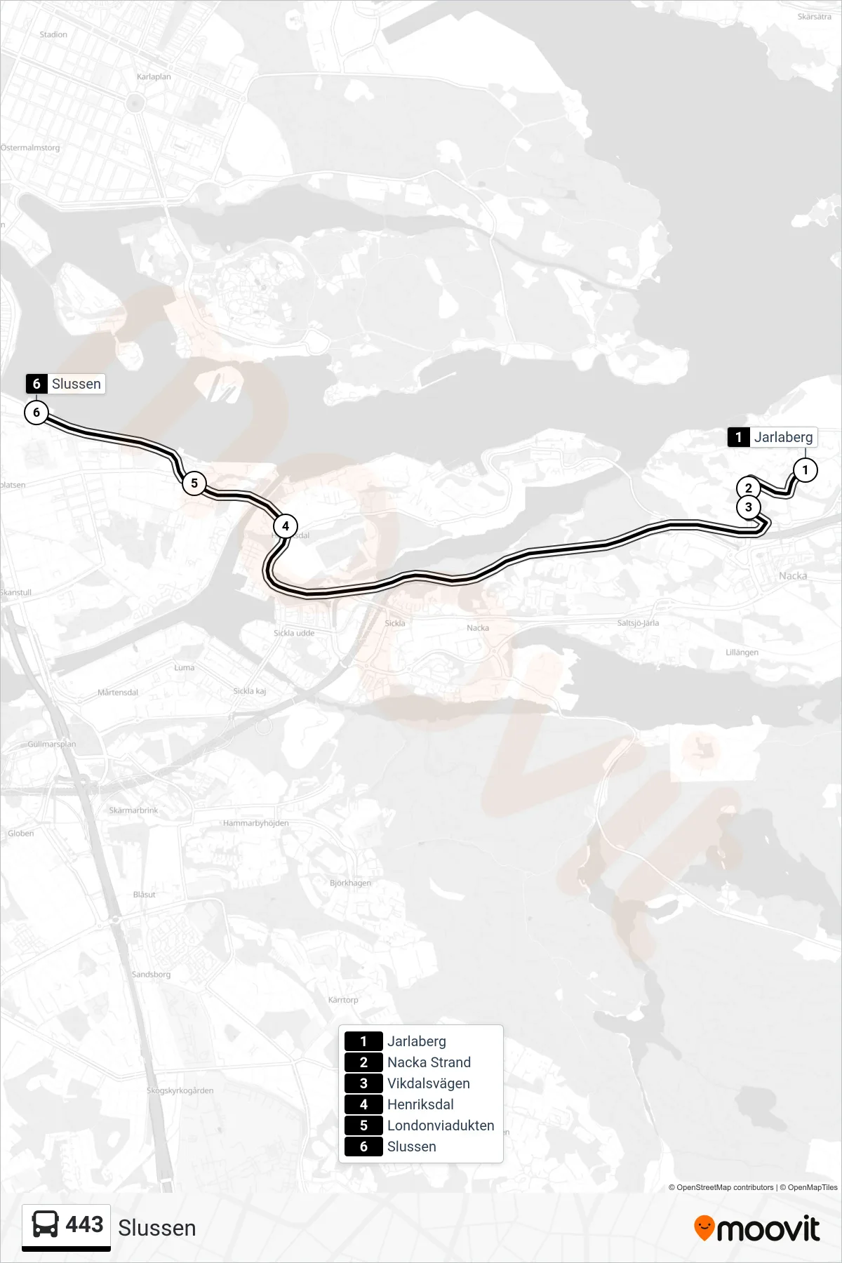 Rutt och hållplatser på karta för linje 443 buss, (Slussen)