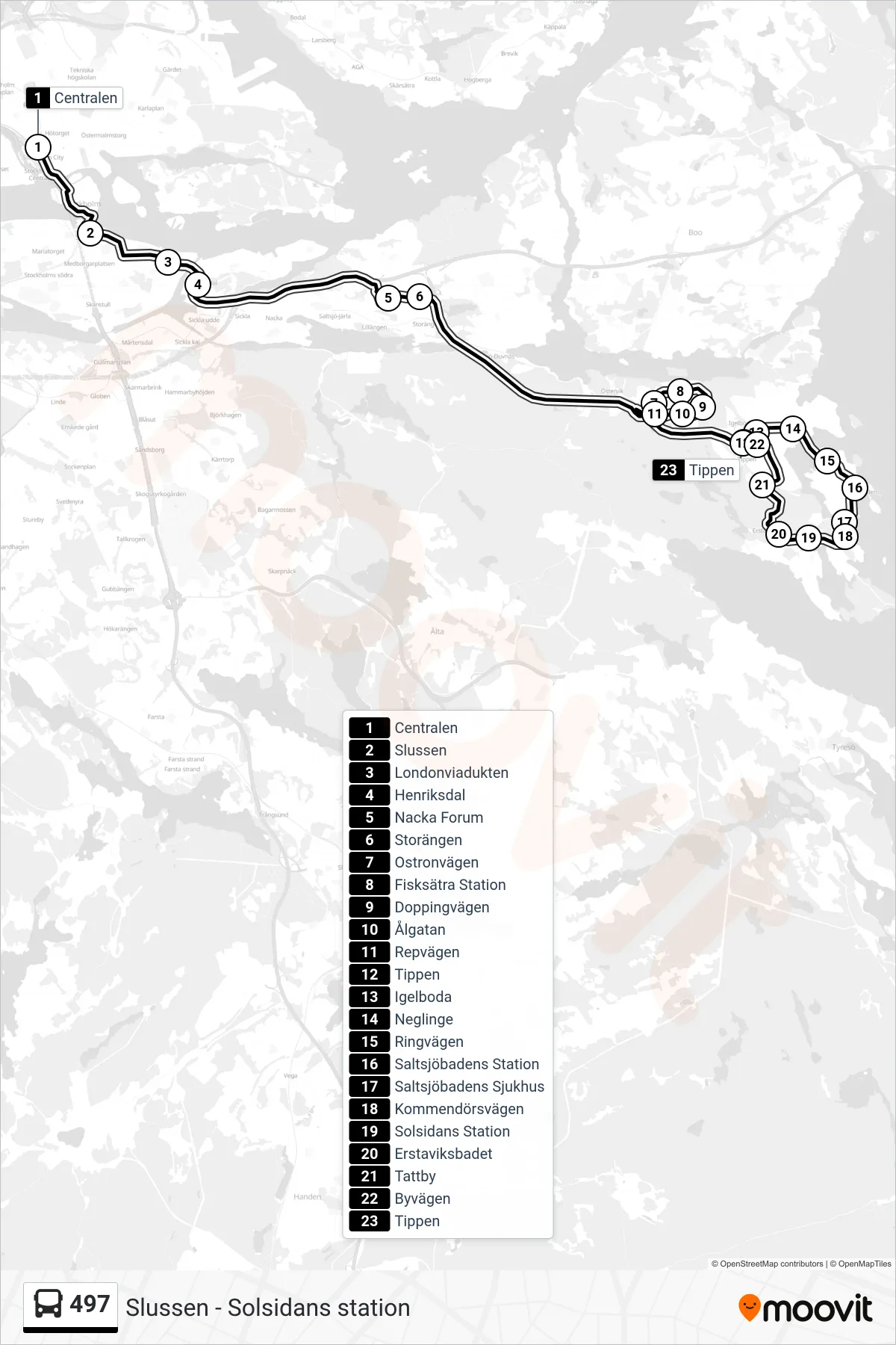 Rutt och hållplatser på karta för linje 497 buss, (Tippen)