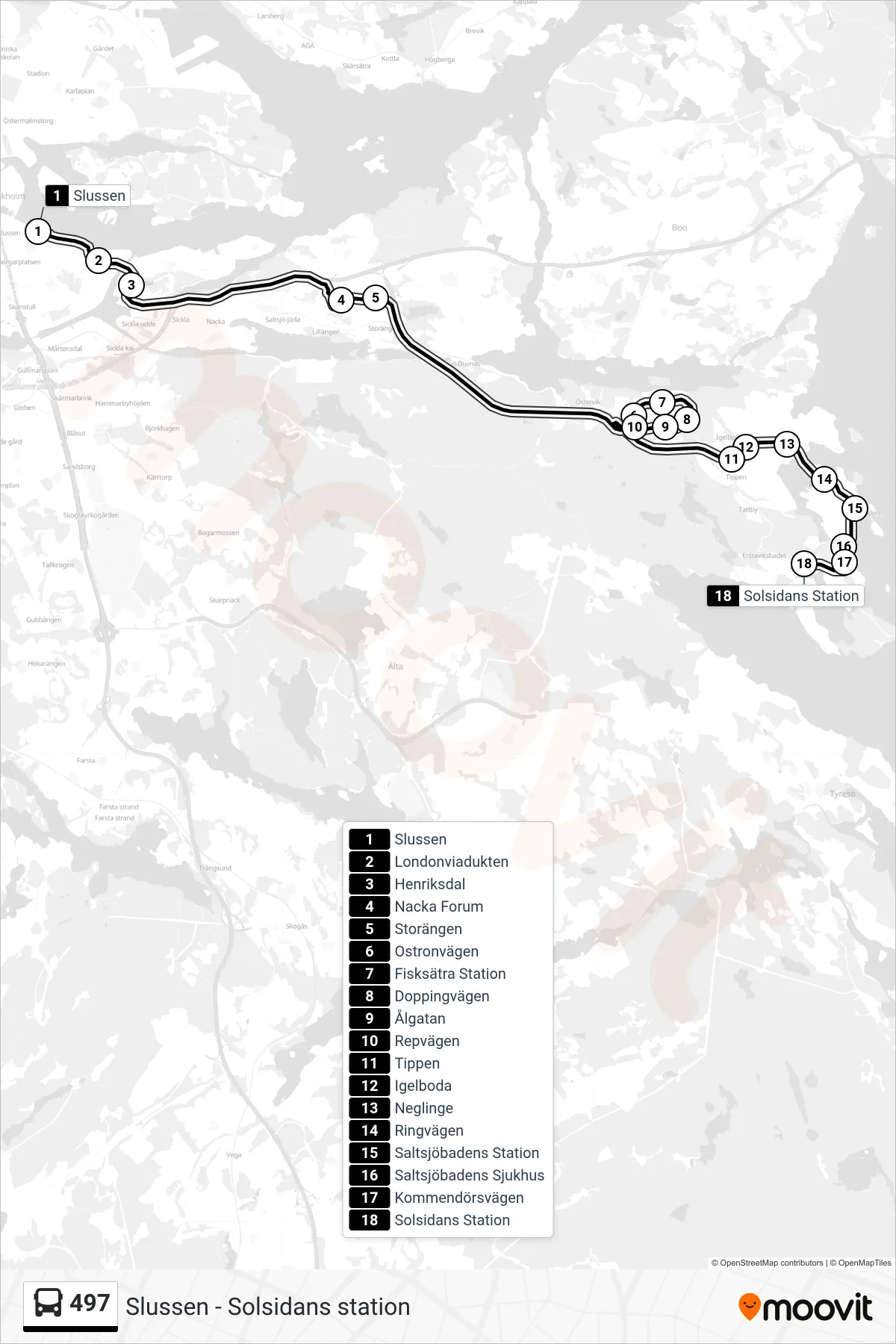 Rutt och hållplatser på karta för linje 497  buss, (Solsidans Station)