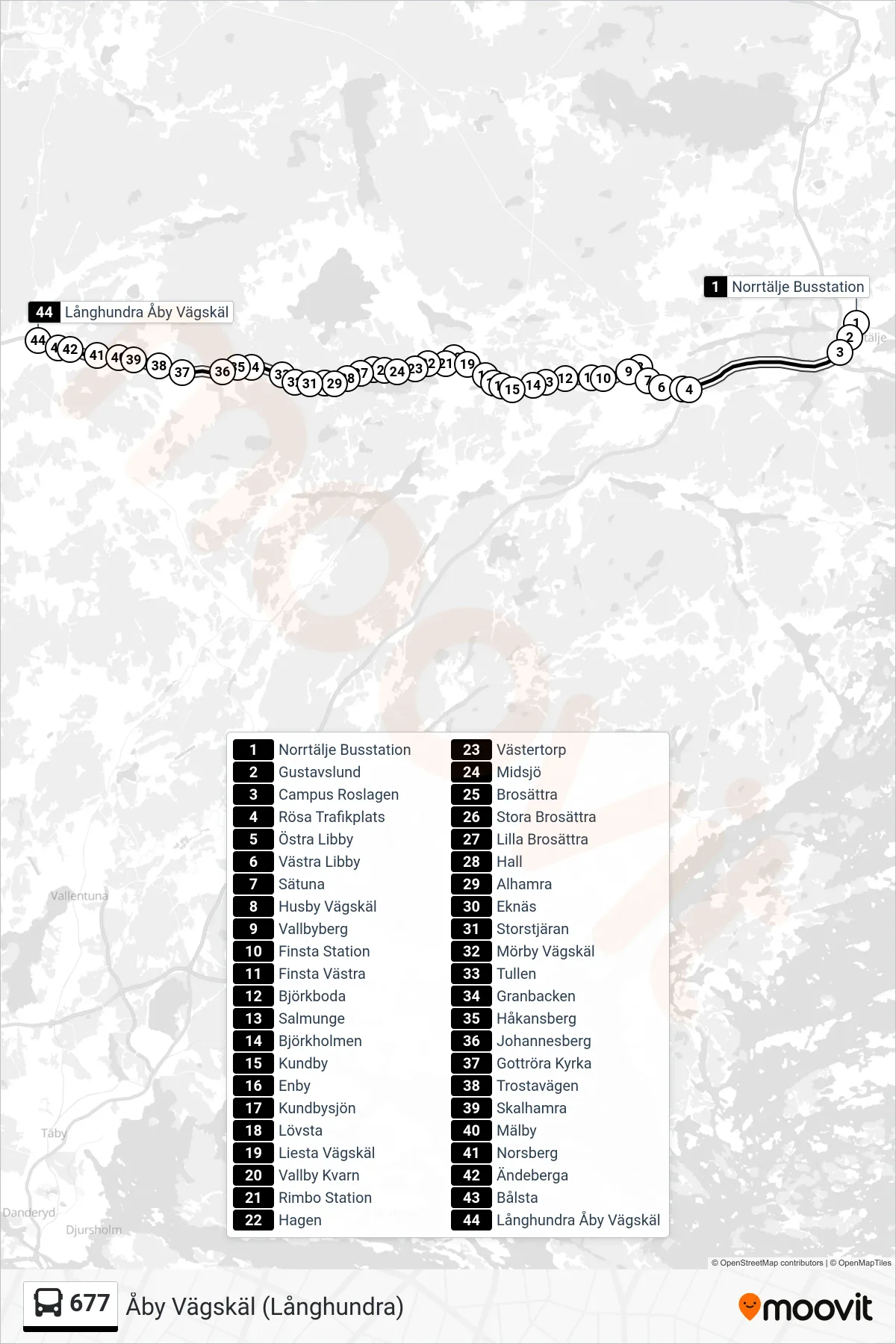 Rutt och hållplatser på karta för linje 677 buss, (Åby Vägskäl (Långhundra))