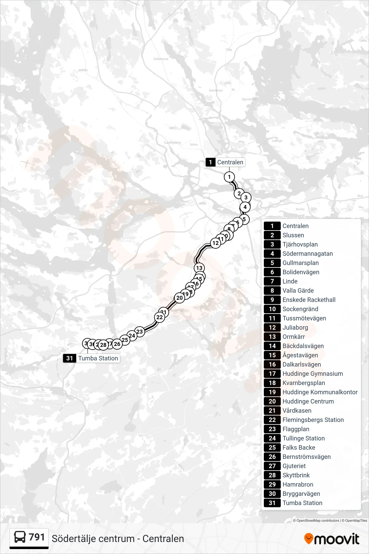 Rutt och hållplatser på karta för linje 791  buss, (Tumba Station)