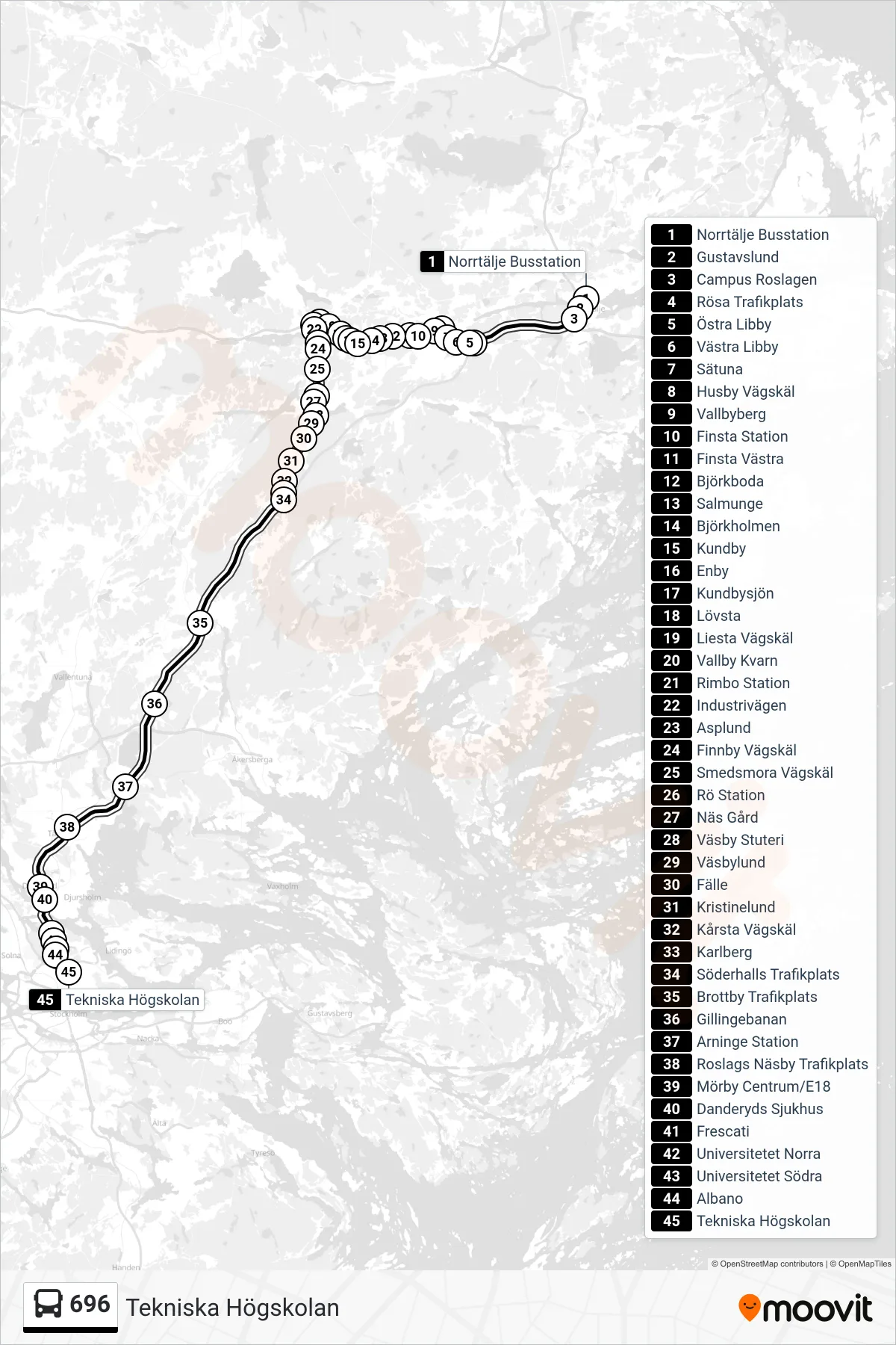 Rutt och hållplatser på karta för linje 696  buss, (Tekniska Högskolan)
