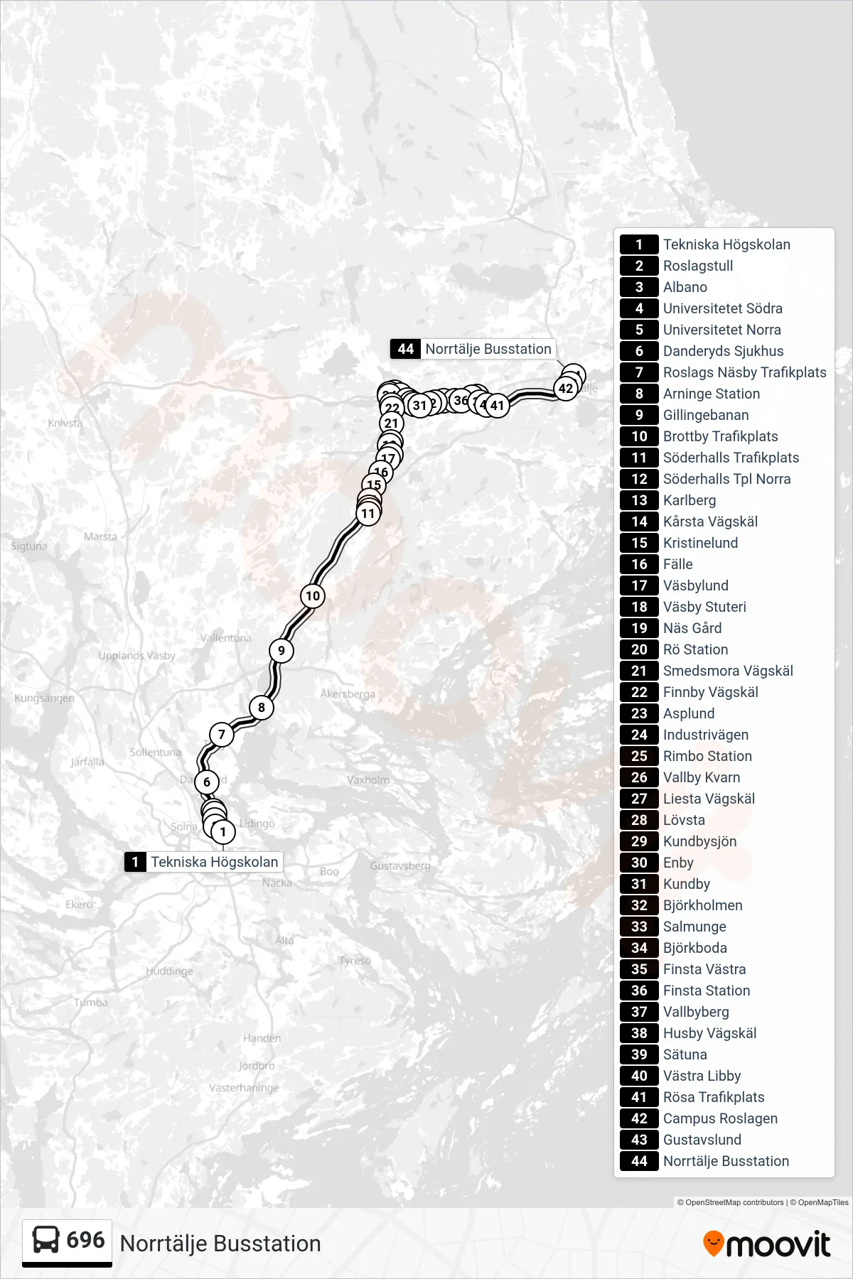 Rutt och hållplatser på karta för linje 696  buss, (Norrtälje Busstation)