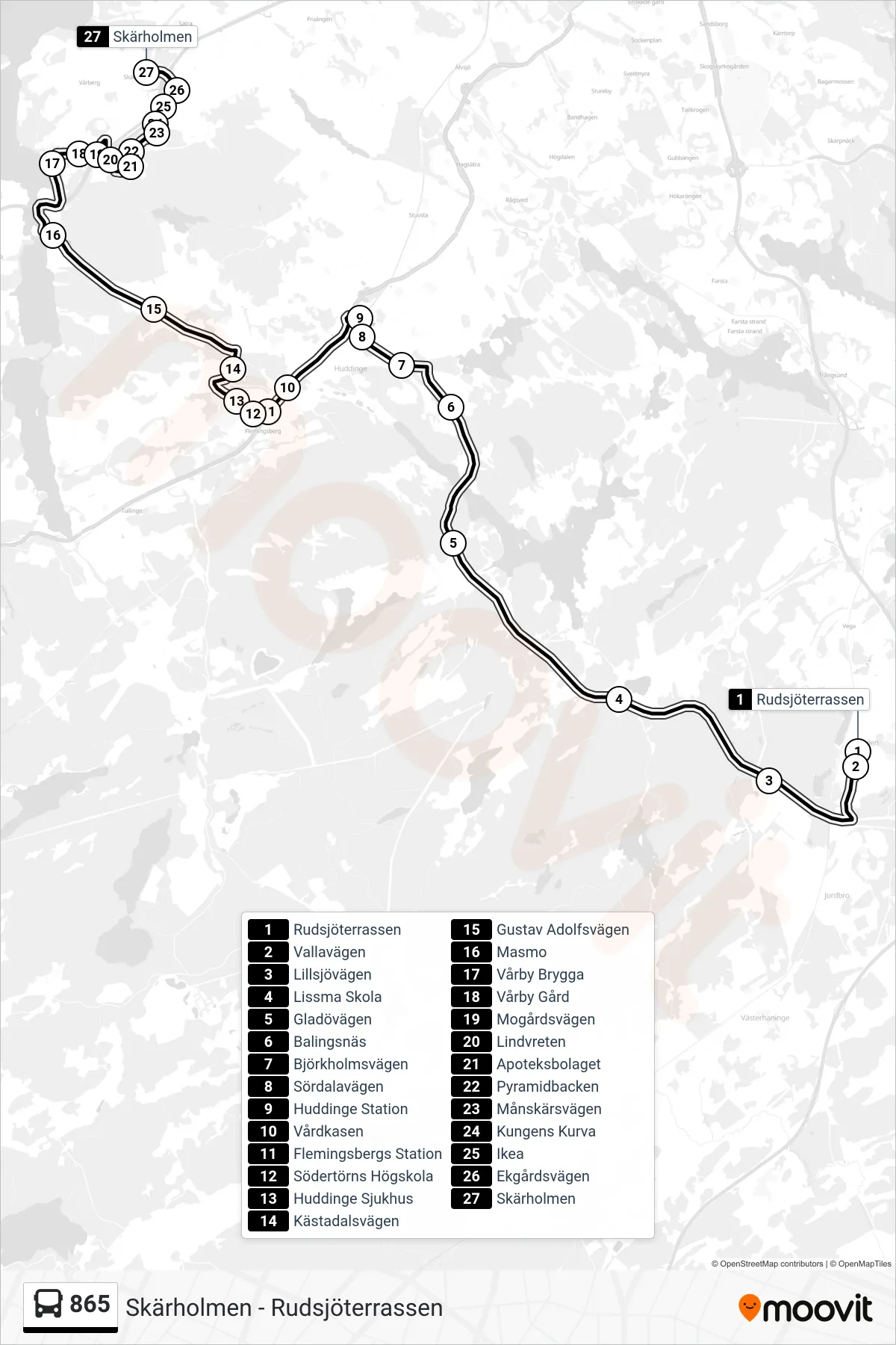 Rutt och hållplatser på karta för linje 865 buss, (Skärholmen)