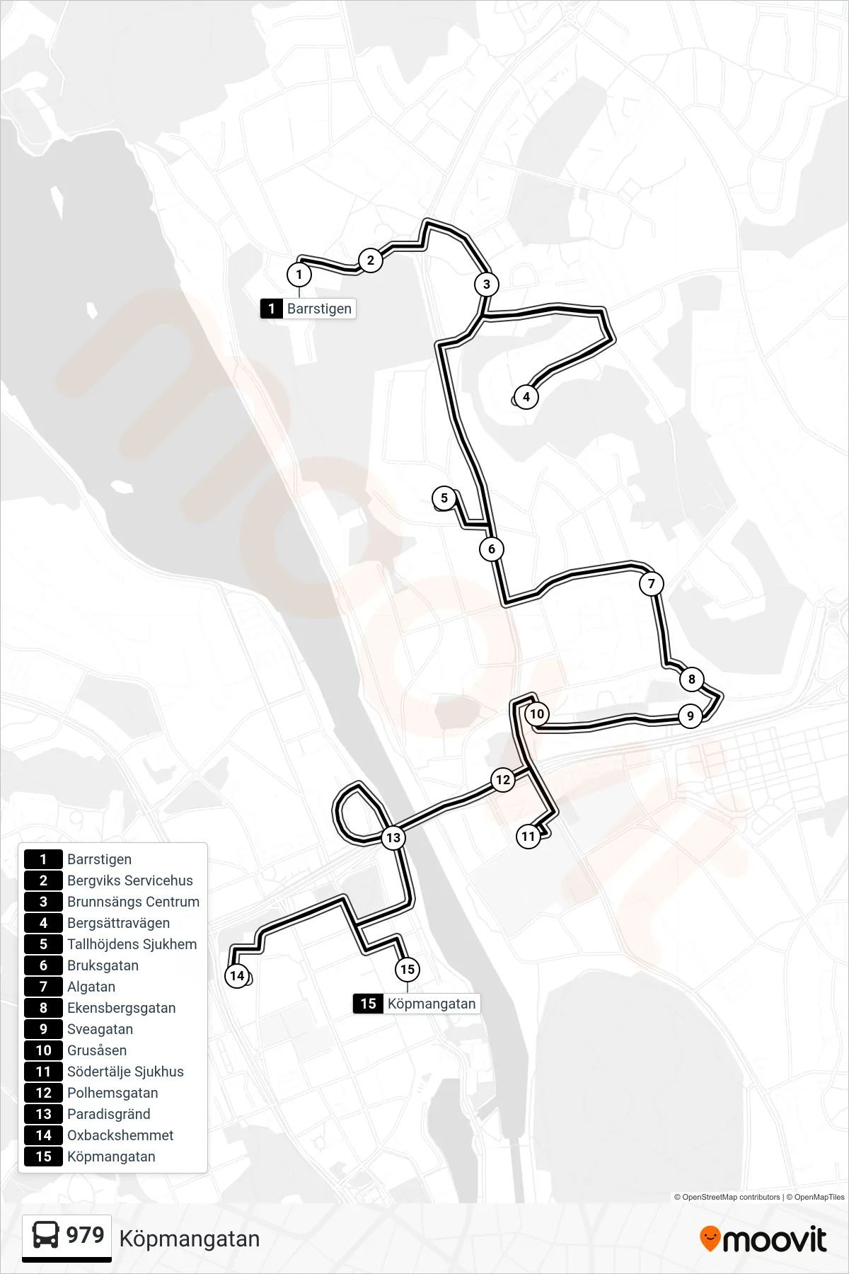 Rutt och hållplatser på karta för linje 979 buss, (Köpmangatan)