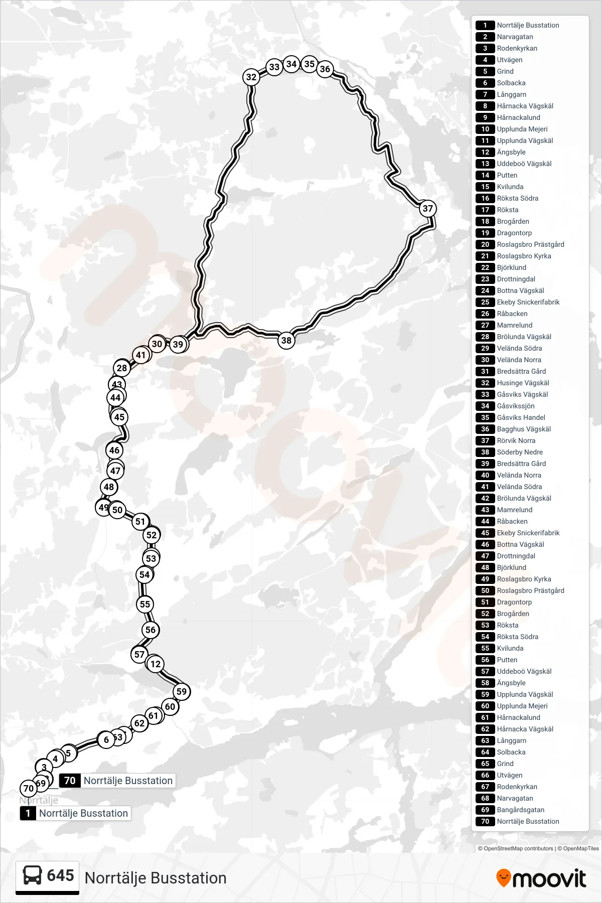 Rutt och hållplatser på karta för linje 645 buss, (Norrtälje Busstation)