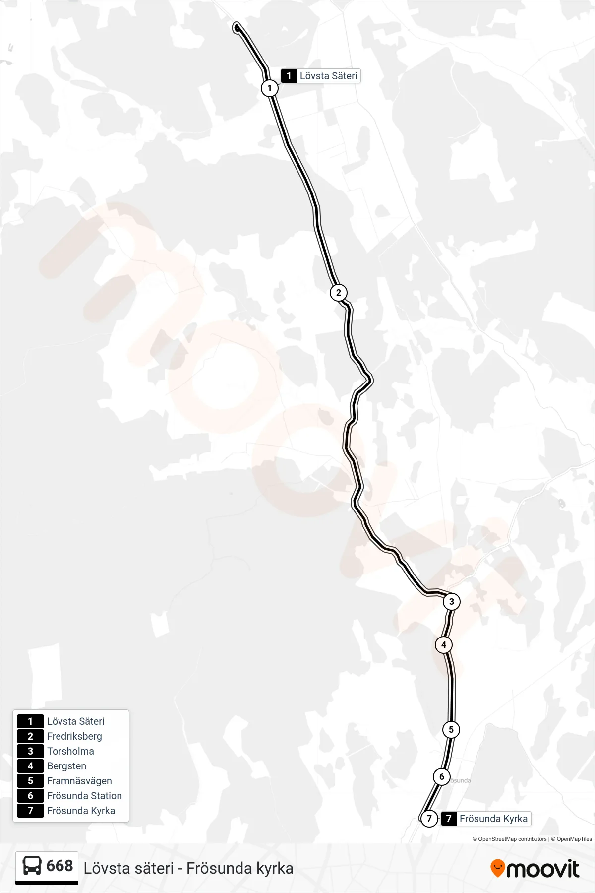Rutt och hållplatser på karta för linje 668 buss, (Frösunda Kyrka)