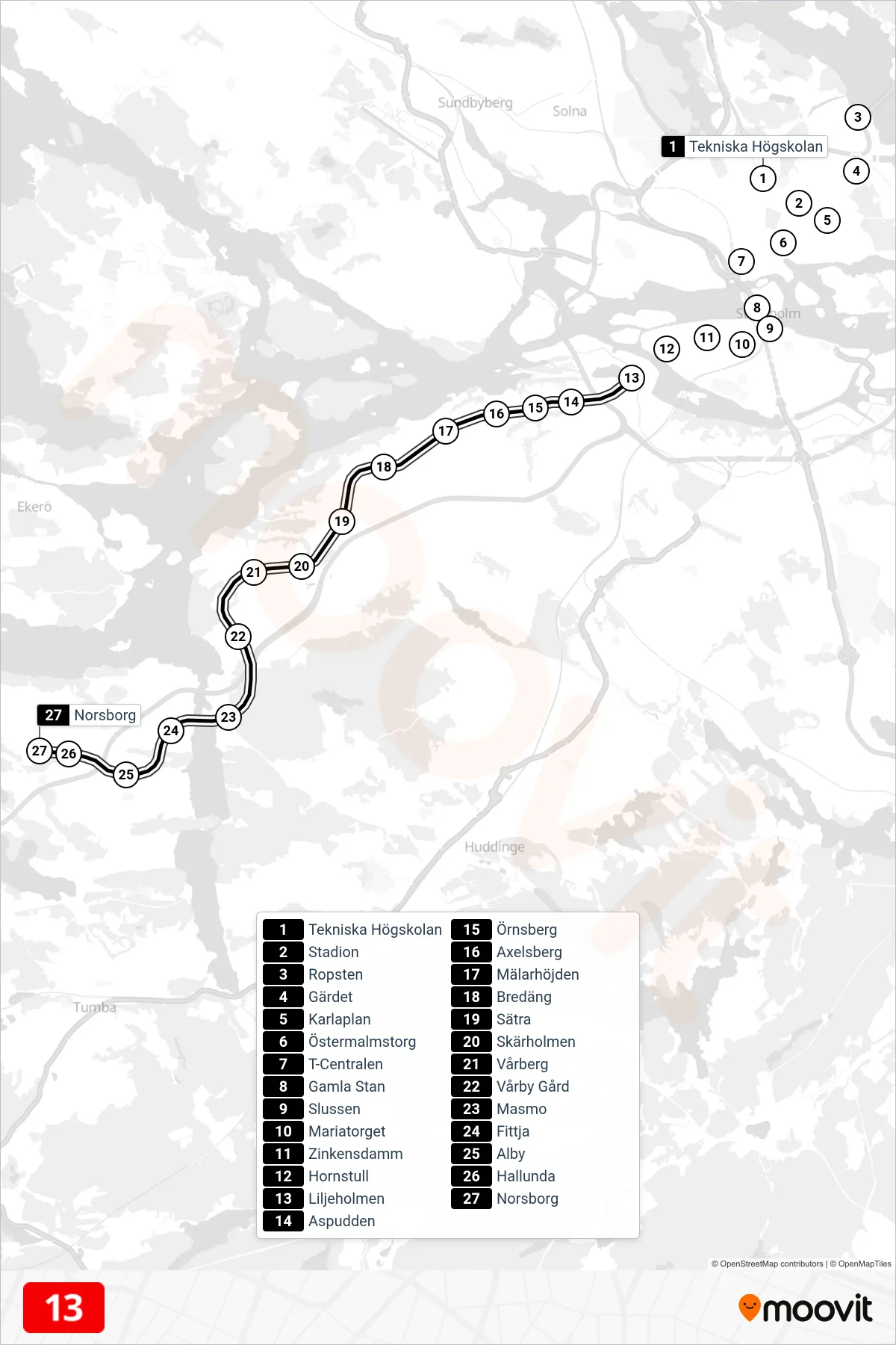 Rutt och hållplatser på karta för linje 13  tunnelbana, (Sydväst)