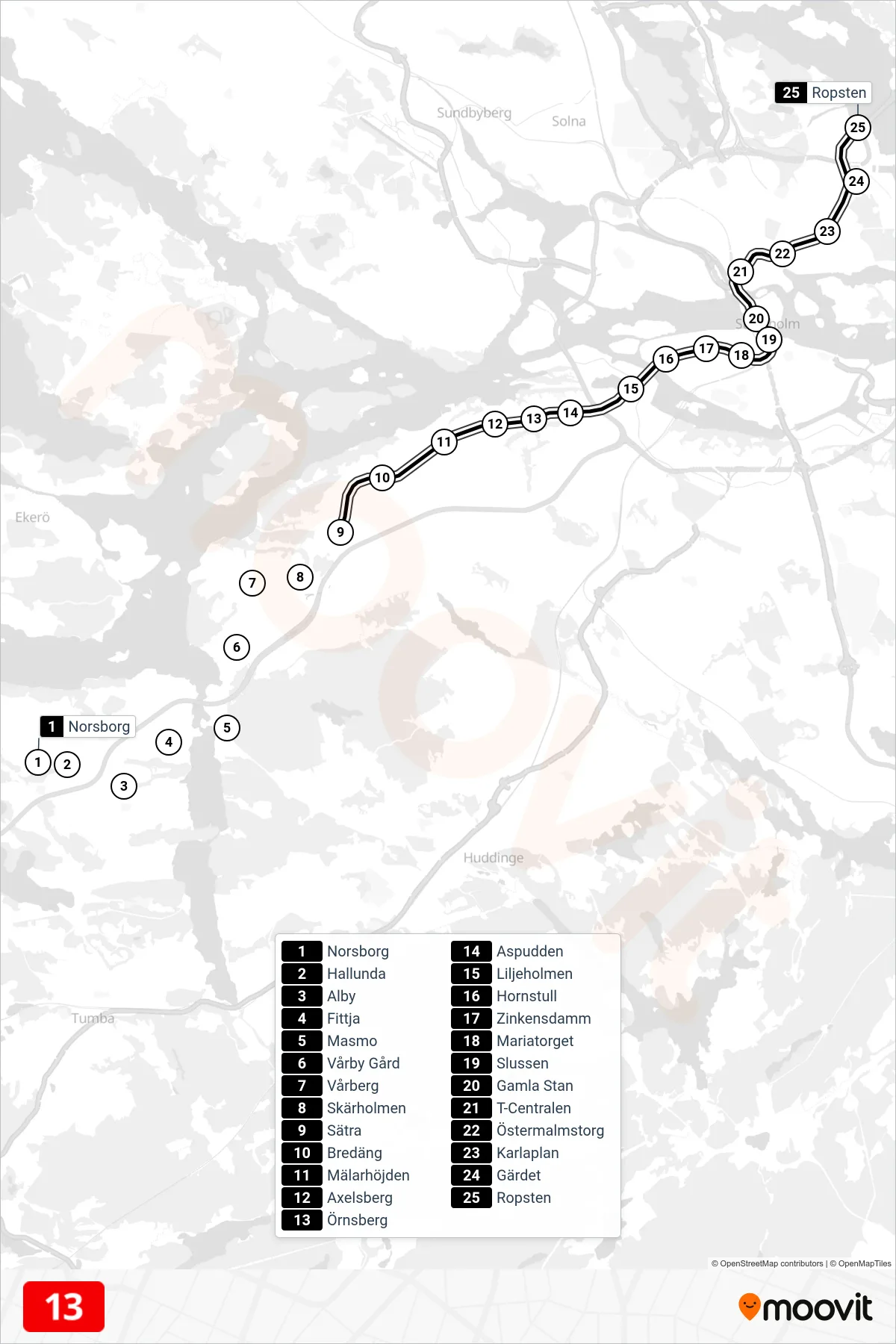 Rutt och hållplatser på karta för linje 13 tunnelbana, (Nordost)