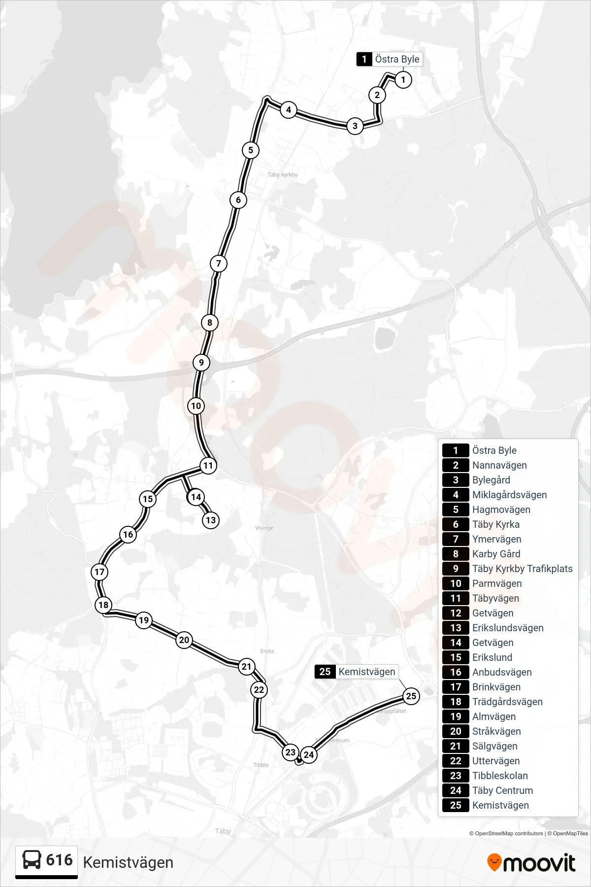 Rutt och hållplatser på karta för linje 616  buss, (Kemistvägen)